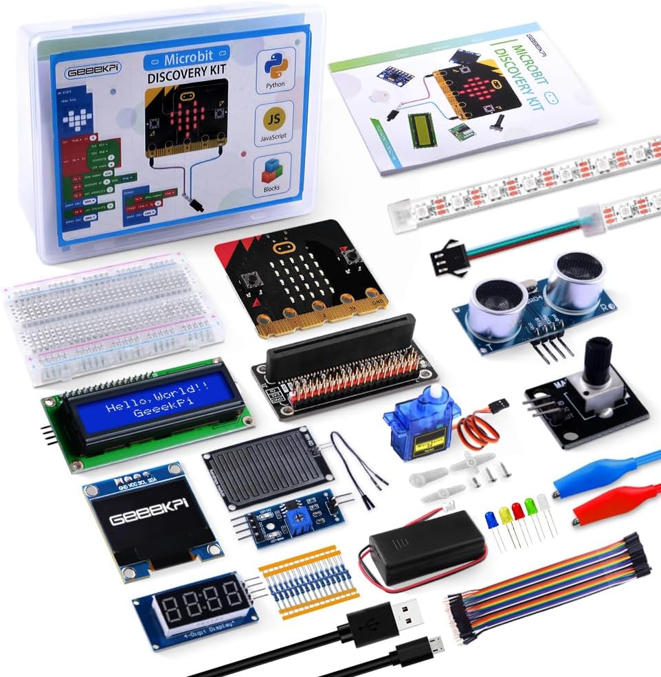 GeeekPi Basic Starter Kit for BBC Micro:bit (V2 Included), Blocks and Python Code, Multiple Sensors Project Examples, Detailed Tutorial Included