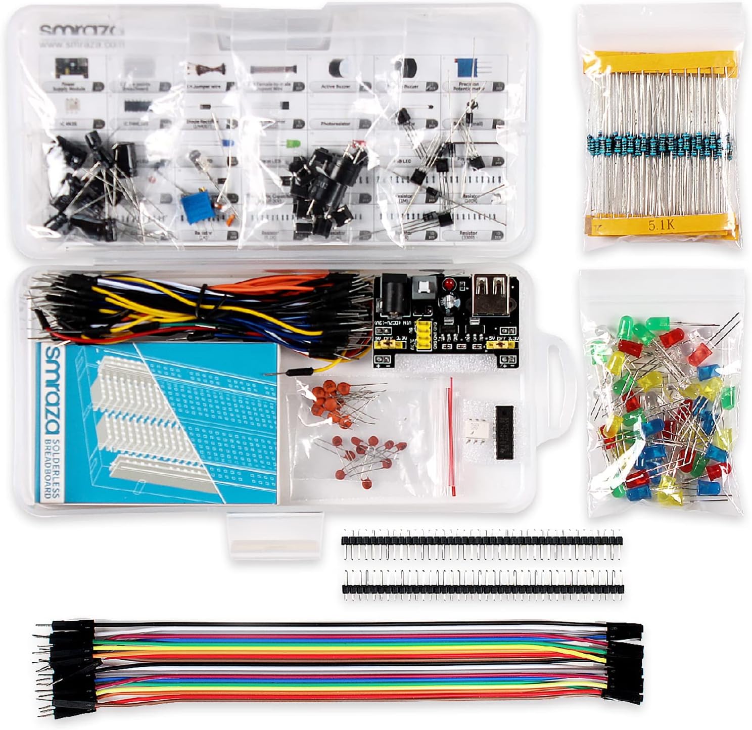 Smraza Basic Starter Kit with Breadboard, Power Supply, Jumper Wires, Resistors, LED, Compatible with Arduino R3, Mega2560, Nano, Raspberry Pi