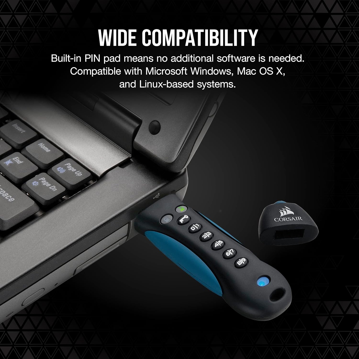 Corsair Flash Padlock 3, 256 GB Secure USB 3.0 Flash Drive with Keypad (256-bit AES Encryption, FIPS 197 Security Standards, Ruggedised Rubber Housing, Built-in PIN Pad) Black/Blue