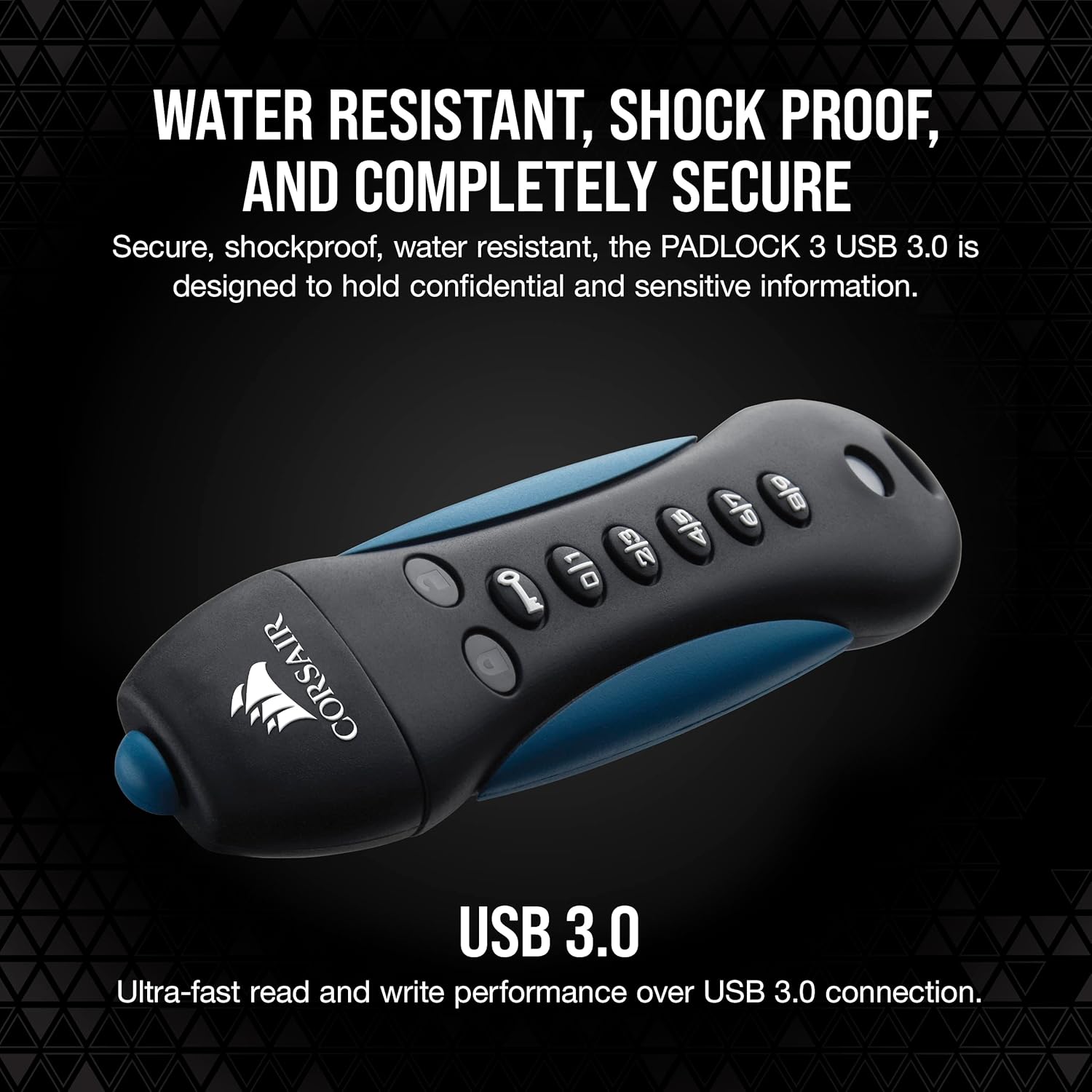 Corsair Flash Padlock 3, 256 GB Secure USB 3.0 Flash Drive with Keypad (256-bit AES Encryption, FIPS 197 Security Standards, Ruggedised Rubber Housing, Built-in PIN Pad) Black/Blue