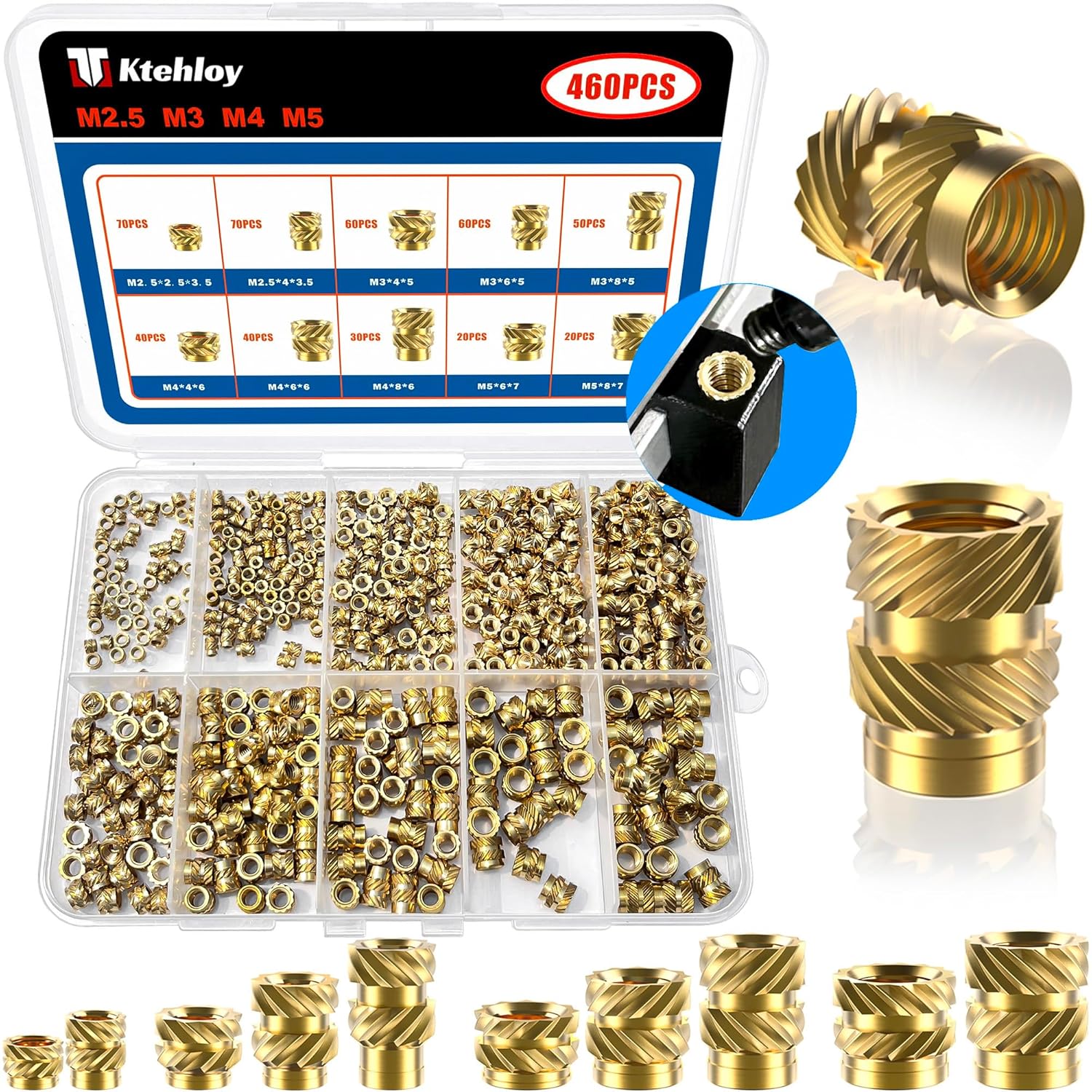 460Pcs Threaded Inserts, M2.5 M3 M4 M5 M6 Female Thread Metric Knurled Nuts Assortment Kit, Brass Heat Set Insert for Plastic and 3D Printing Components (M2.5-M5-Kit)