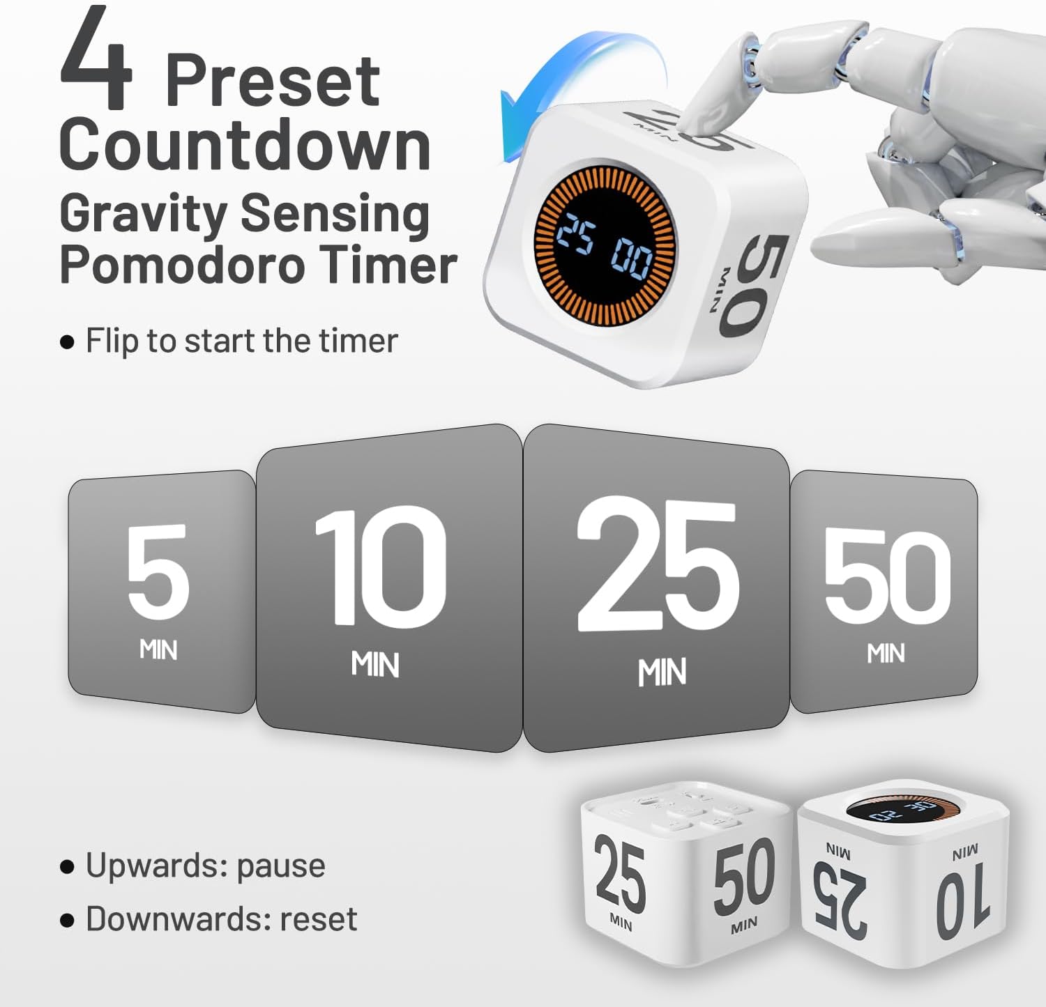 Rotating Pomodoro Timer, 5/10/25/50 Minutes, Countdown & Stopwatch, Desk Productivity, ADHD Tool Cube Flip Timer, Adjustable Silent, for Study, Work, Kitchen (White)