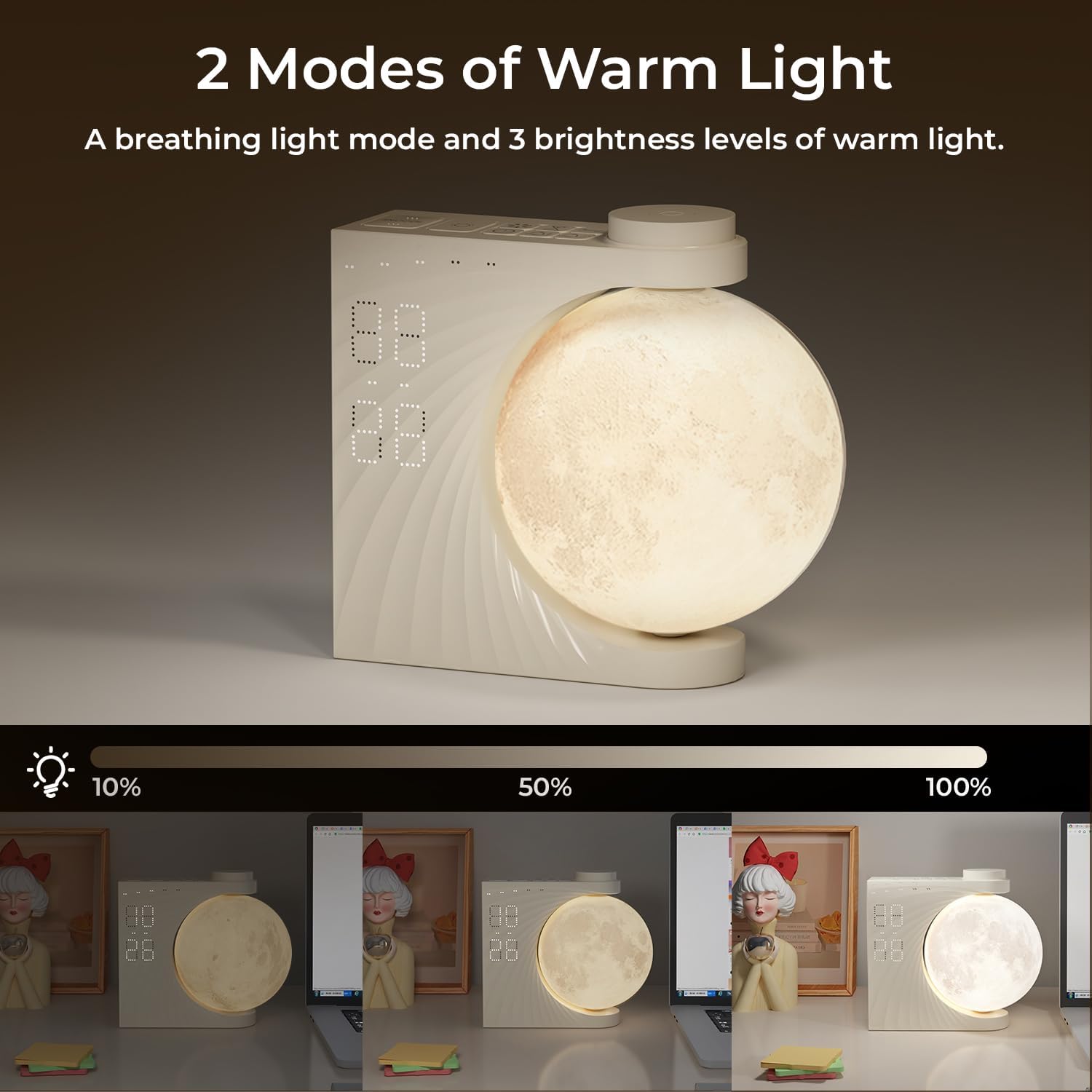 Sunrise Alarm Clock for Bedrooms, Moon Lamp Wake-Up Light with Night Lamp & Colourful Light Mode - 10 Sleep Nature Sounds & Dual Alarms for Heavy Sleepers, 30/60/90 Timer with Snooze Function