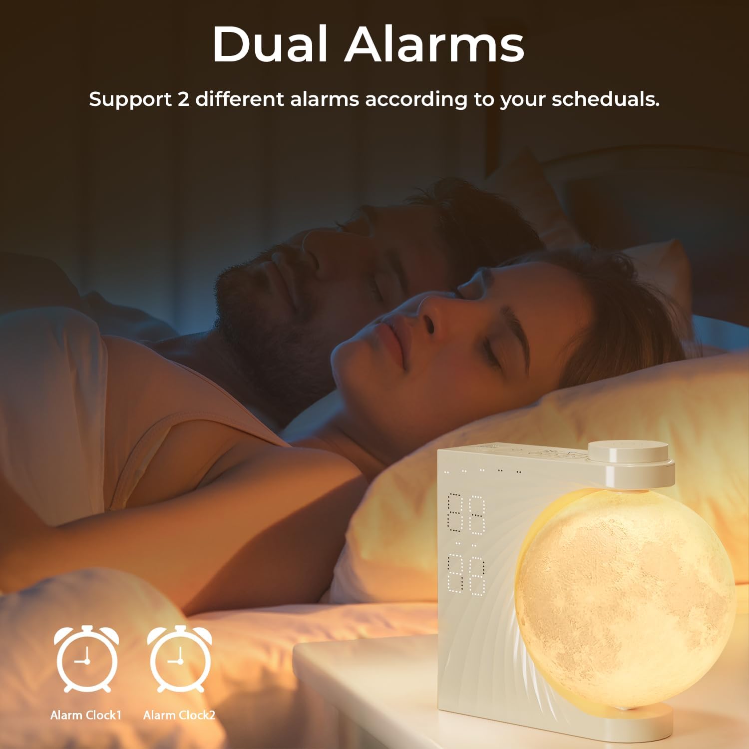 Sunrise Alarm Clock for Bedrooms, Moon Lamp Wake-Up Light with Night Lamp & Colourful Light Mode - 10 Sleep Nature Sounds & Dual Alarms for Heavy Sleepers, 30/60/90 Timer with Snooze Function