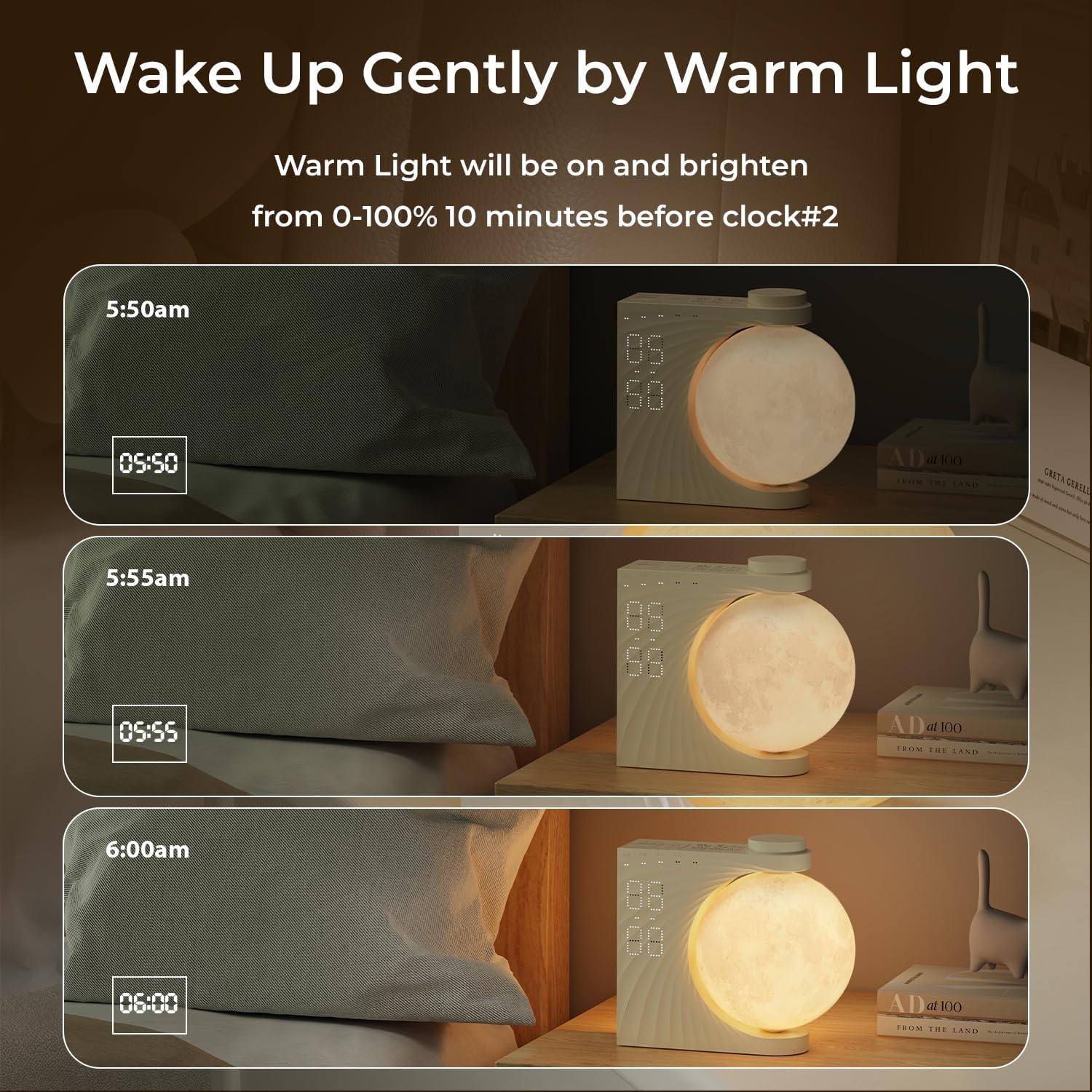 Sunrise Alarm Clock for Bedrooms, Moon Lamp Wake-Up Light with Night Lamp & Colourful Light Mode - 10 Sleep Nature Sounds & Dual Alarms for Heavy Sleepers, 30/60/90 Timer with Snooze Function