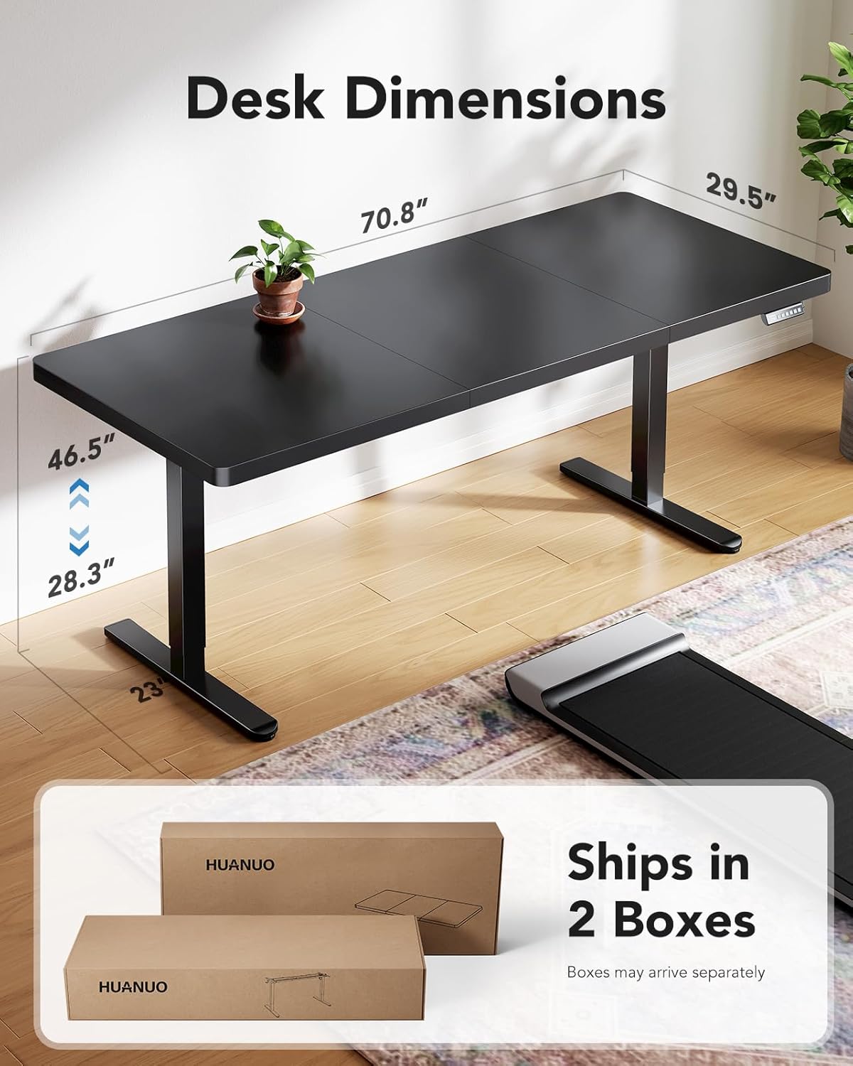 HUANUO 71 x 30 inch Electric Standing Desk, Powerful Brushless Motor Large Height Adjustable Table, 4 Memory Preset Sit Stand Up Desk, Home Office Computer Table with Thick T-Shaped Frame