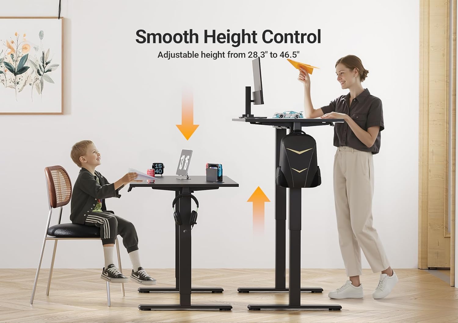 Seang Electric Standing Desk Adjustable Height, 40 x 24 Inch Sit Stand Desk with T-Shaped Frame, 3 Memory Presets & Cable Management for Home Office Computer Workstation, Black Frame/Black Top