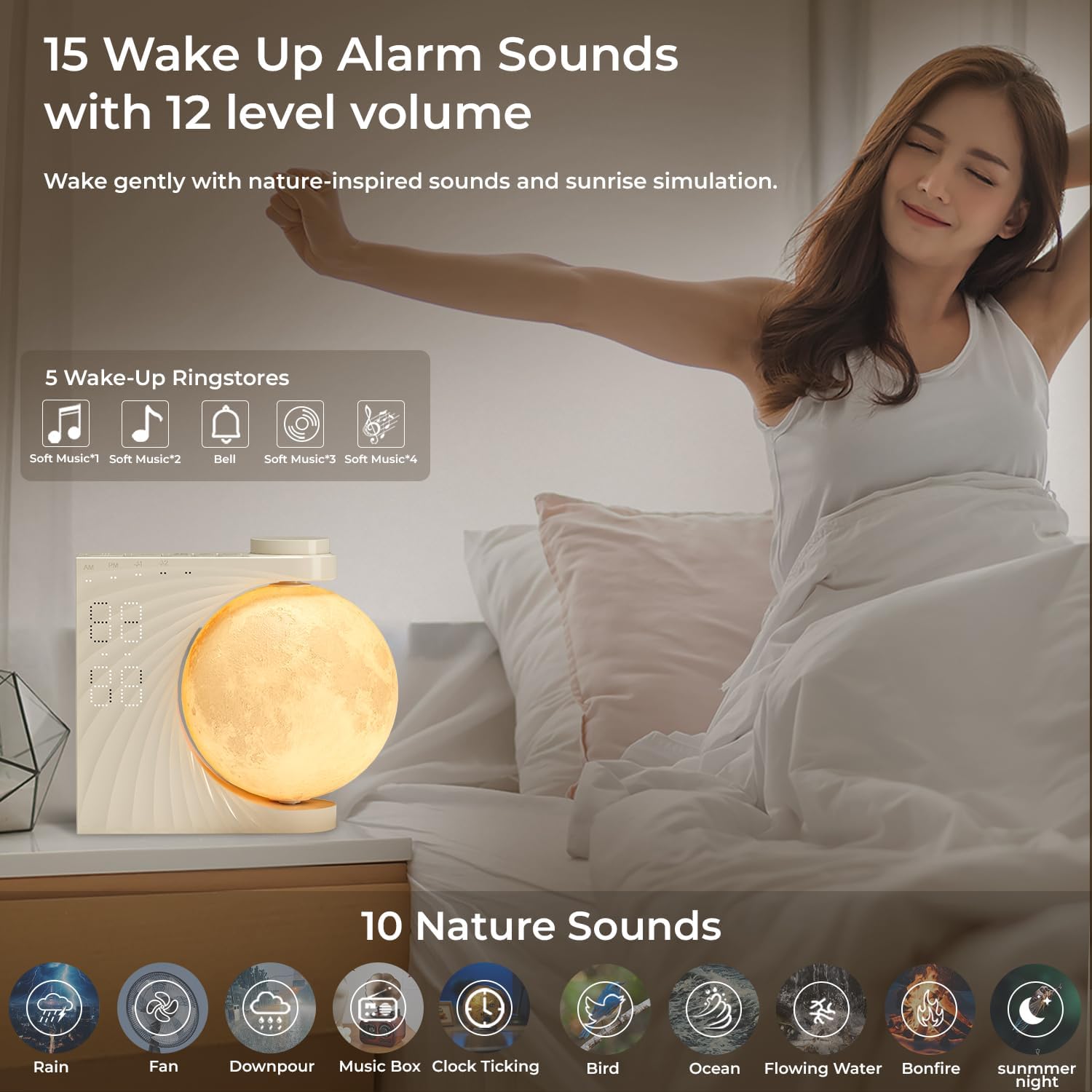 Sunrise Alarm Clock for Bedrooms, Moon Lamp Wake-Up Light with Night Lamp & Colourful Light Mode - 10 Sleep Nature Sounds & Dual Alarms for Heavy Sleepers, 30/60/90 Timer with Snooze Function
