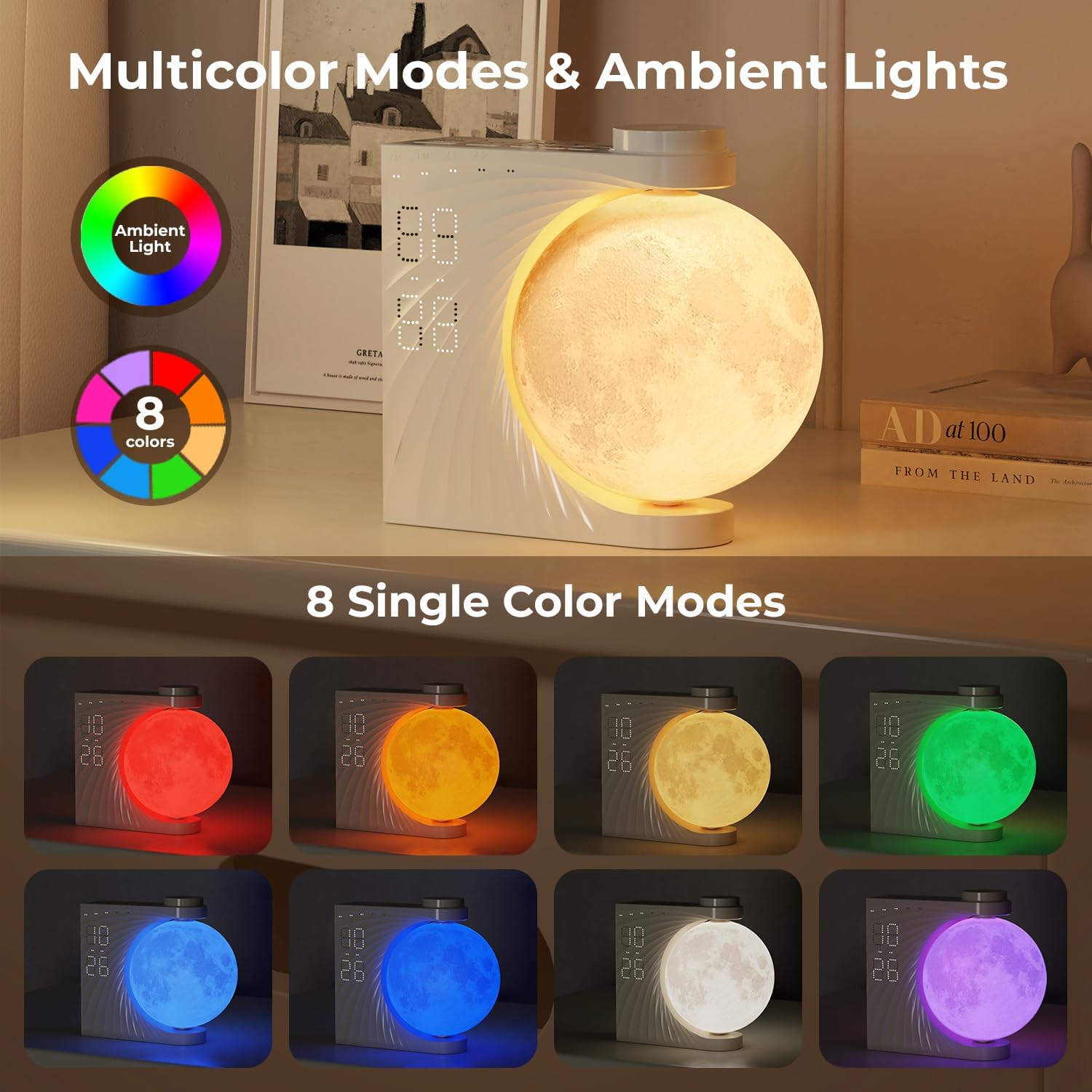 Sunrise Alarm Clock for Bedrooms, Moon Lamp Wake-Up Light with Night Lamp & Colourful Light Mode - 10 Sleep Nature Sounds & Dual Alarms for Heavy Sleepers, 30/60/90 Timer with Snooze Function