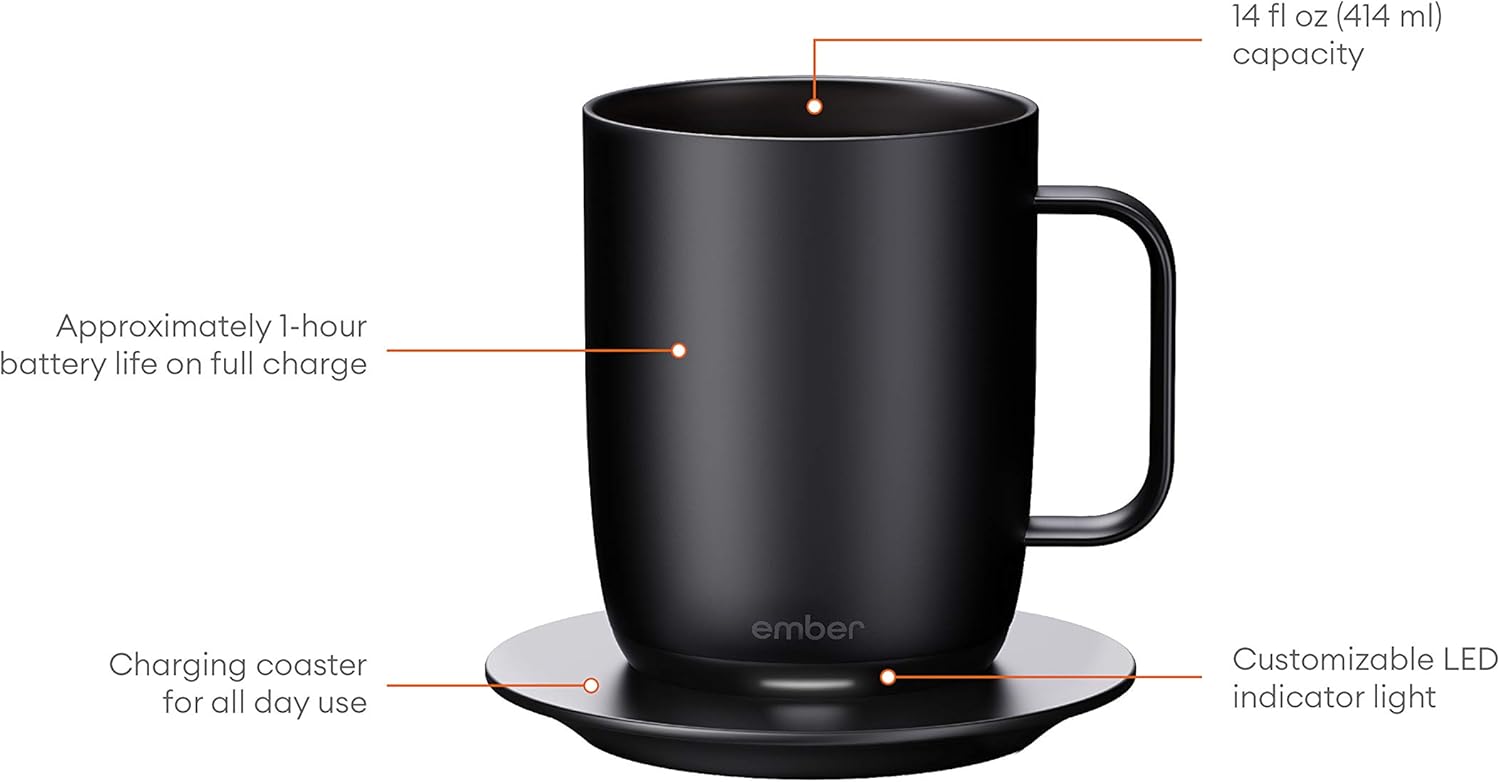 Ember Temperature Control Smart Mug, 14 oz, 1-hr Battery Life, Black - App Controlled Heated Coffee Mug