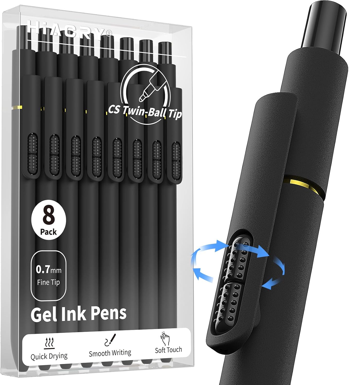 Hiacry 8 Pcs Gel Pens - 0.7mm Fine Point Smooth Writing Black Ink, Quick-Dry Long Lasting Fidge Pens, School & Office Supplies for Men Women (8 Count, Black Ink)
