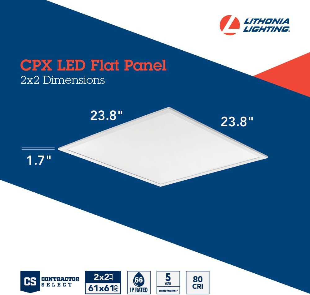 Lithonia Lighting CPX LED Flat Panel Light, 2Ftx2Ft LED Light Panel, Ceiling Lighting Fixture, 2500/3200/4000 Adjustable Lumens, 3500K/4000K/5000K Switchable CCT, Smooth Satin Lens, White (4-Pack)