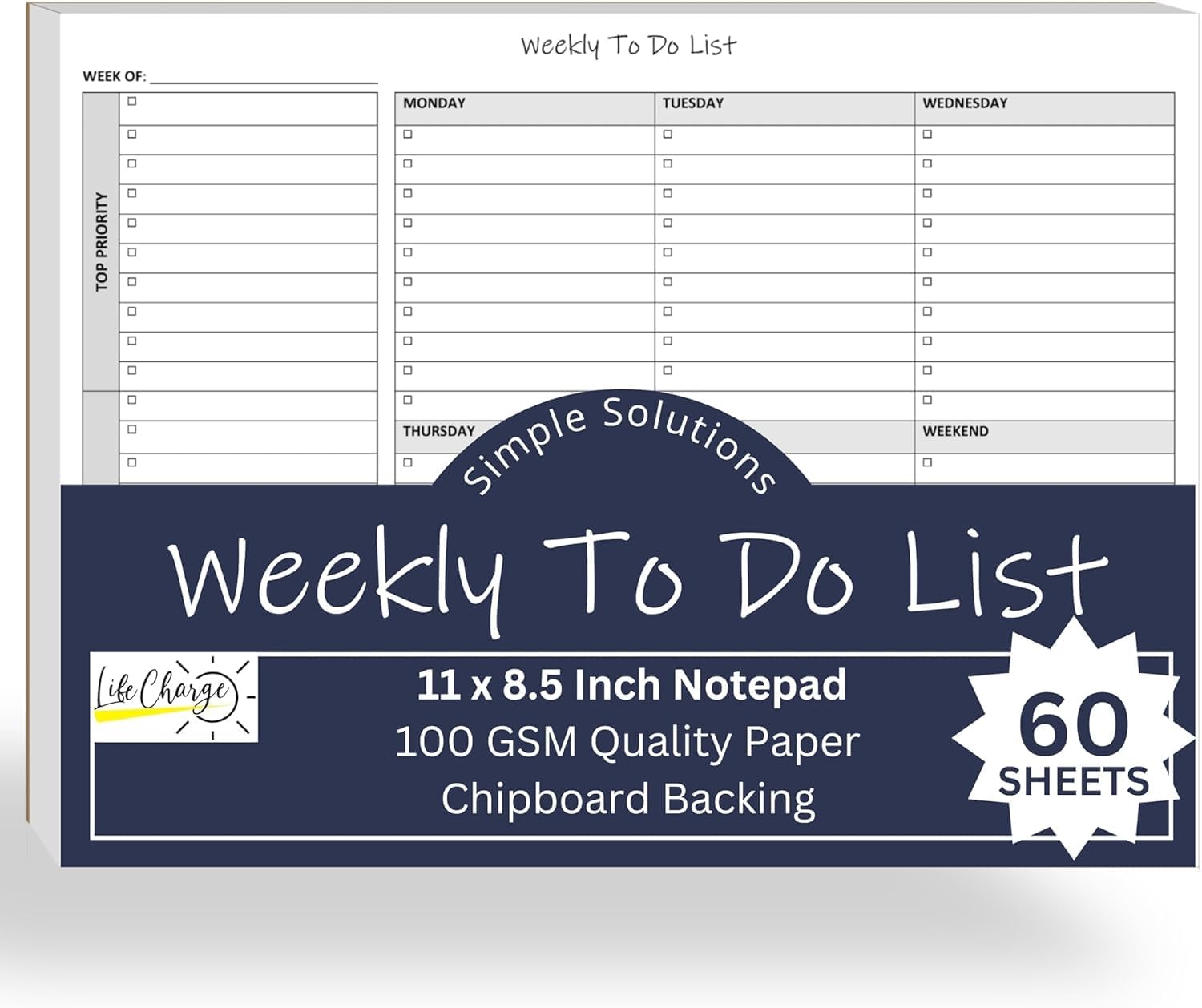 Life Charge Weekly To Do List Planner Notepad, 60 Page Task Planning Pad with Daily Checklist, Priority To-Do Checkboxes & Notes, Desk Notebook for Office Organization & Productivity, 8.5 x 11
