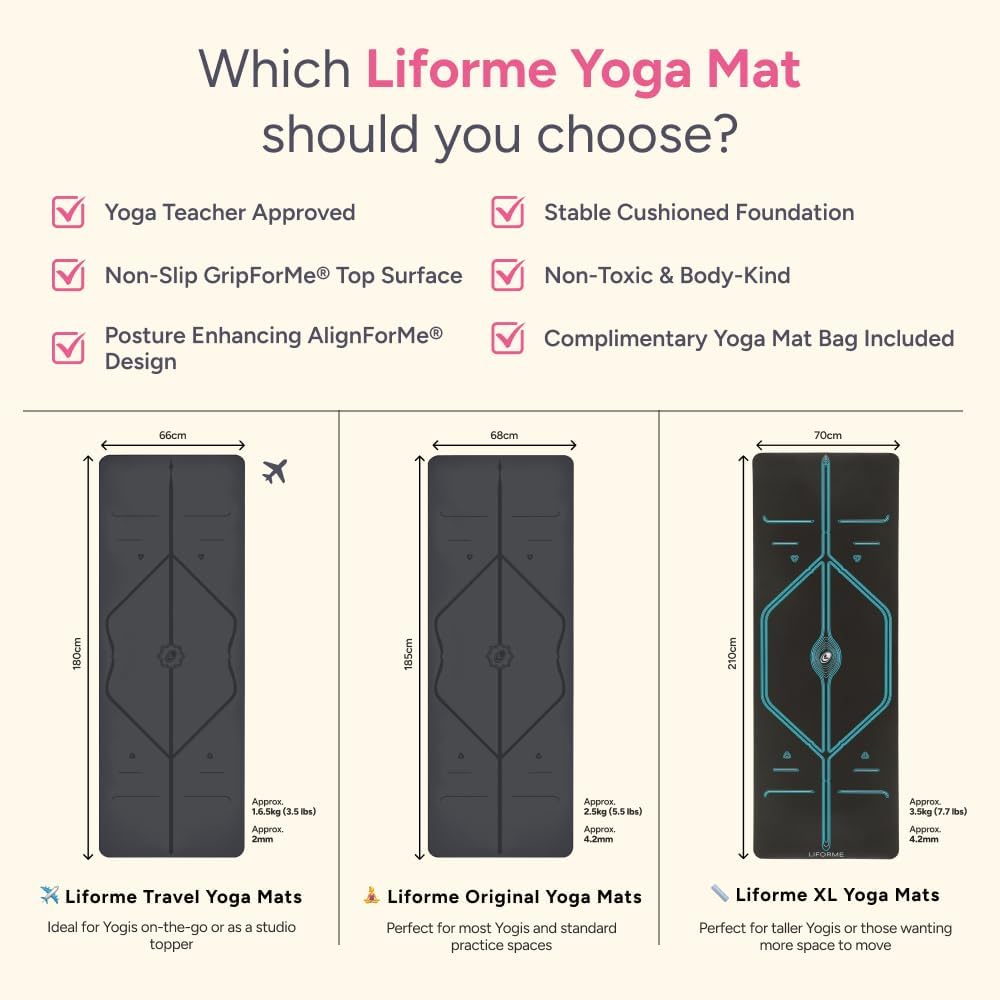Liforme Original Yoga Mat – Free Yoga Bag Included - Patented Alignment System, Warrior-like Grip, Non-slip, Eco-friendly, sweat-resistant, long, wide, 4.2mm thick mat for comfort