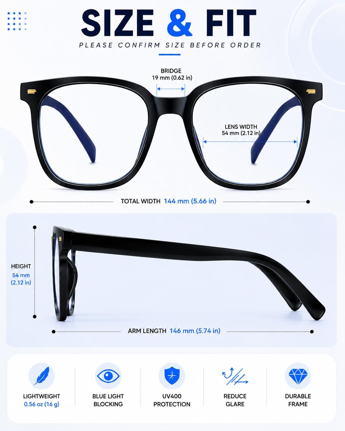 PANNER Oversized Square Blue Light Blocking Glasses for Women Men Anti Glare Reduce Eyestrain Computer Glasses