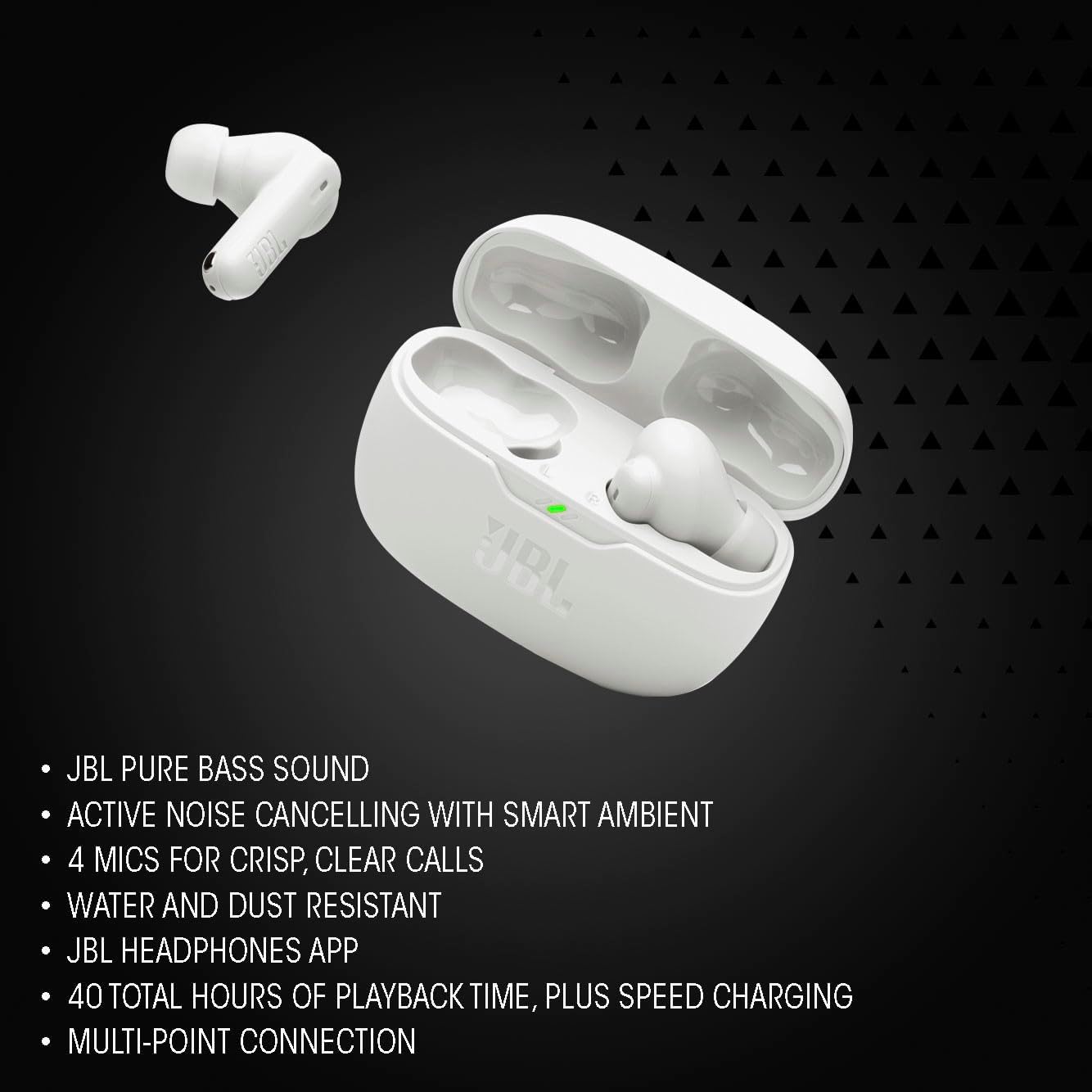 JBL Vibe Beam 2 - True Wireless Noise Cancelling Earbuds with JBL Pure Bass Sound & Smart Ambient technology, 4mics for crisp, clear calls, up to 40Hrs of Playback, IP54 Dust & Water resistant (Black)