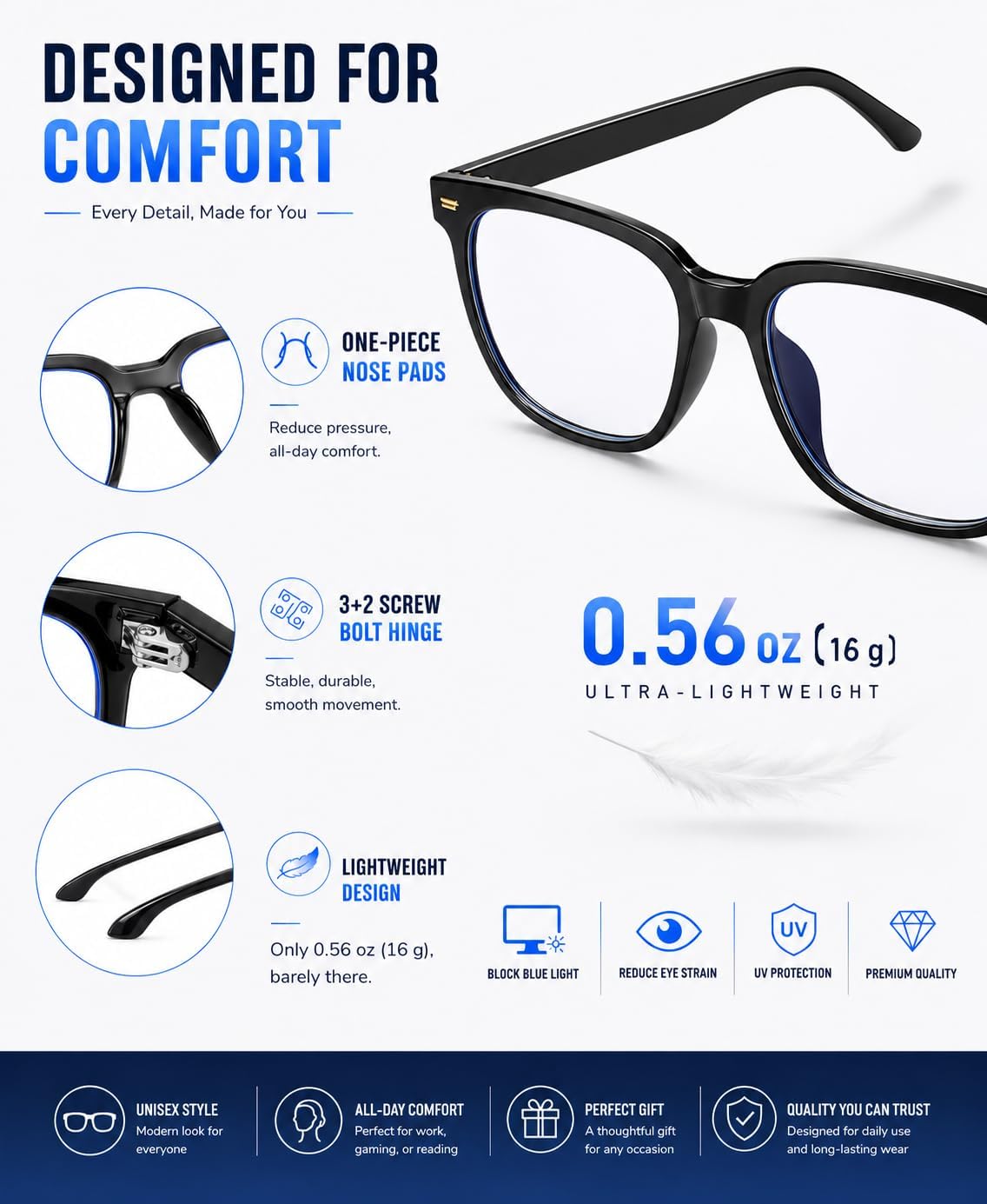 PANNER Oversized Square Blue Light Blocking Glasses for Women Men Anti Glare Reduce Eyestrain Computer Glasses
