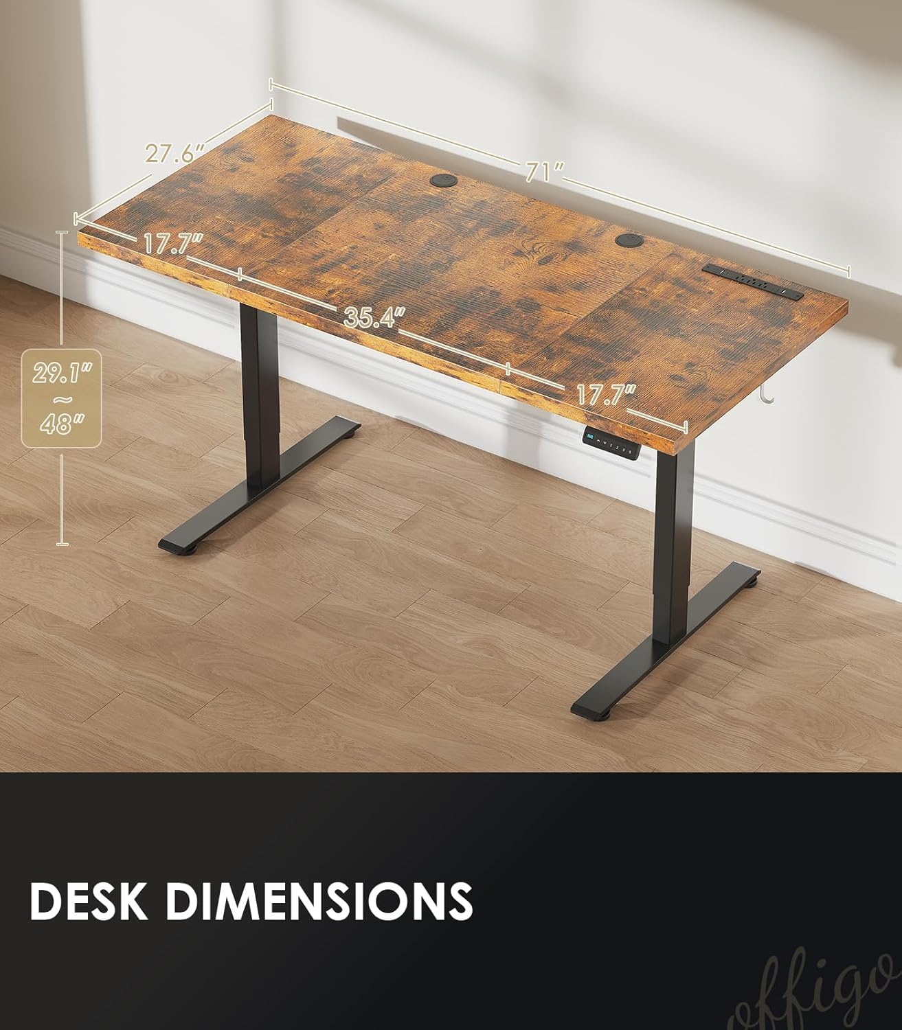OffiGo 71 Inch Executive Electric Standing Desk, Height Adjustable Desk with Power Outlet & 1.38" Thick 3-Piece Desktop, Sit Stand Computer Desk for Home, Office, Conference Room, Rustic Brown
