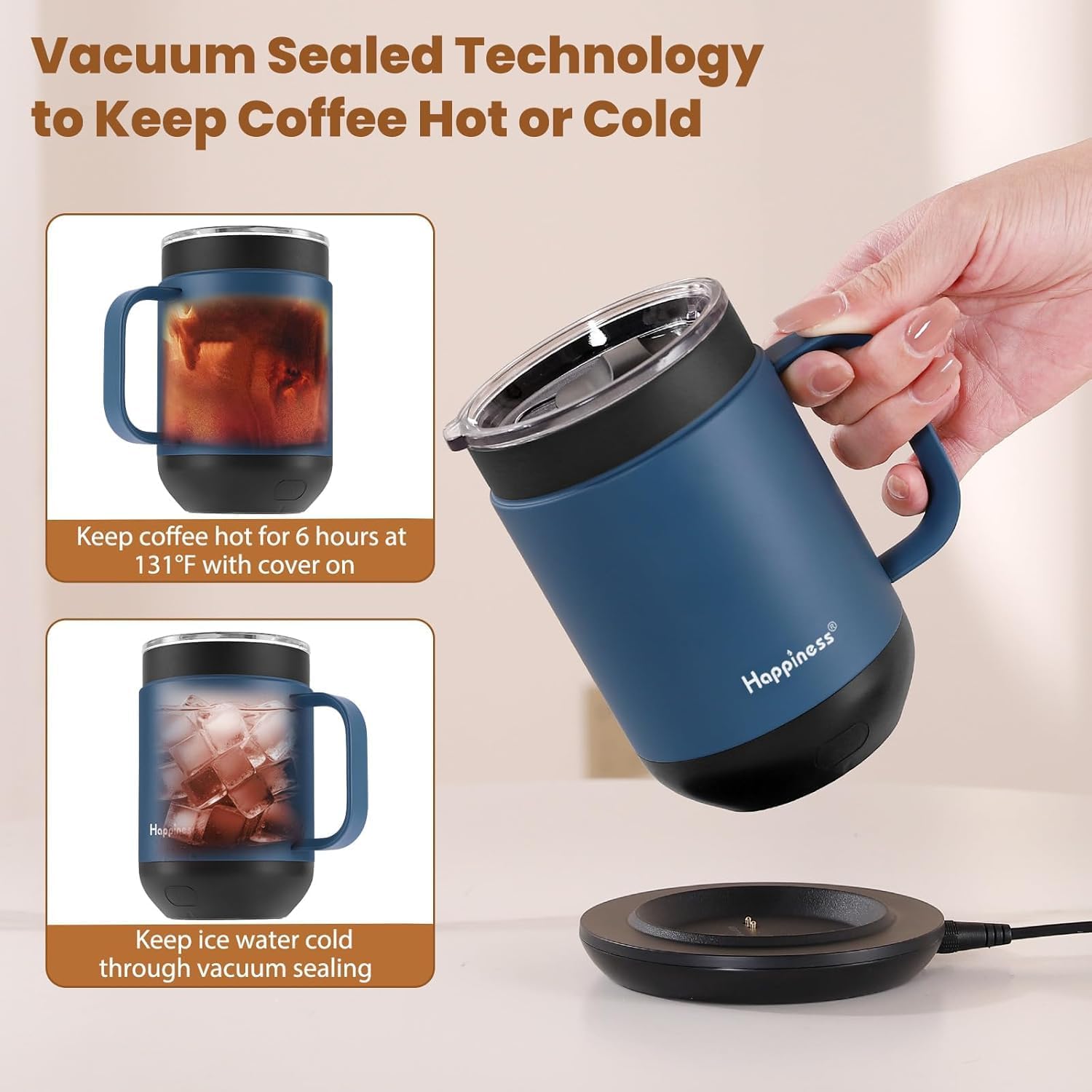 Happiness Smart Heated Coffee Mug,16oz Rechargeable Electric Self Heating Temperature Control Coffee Cup