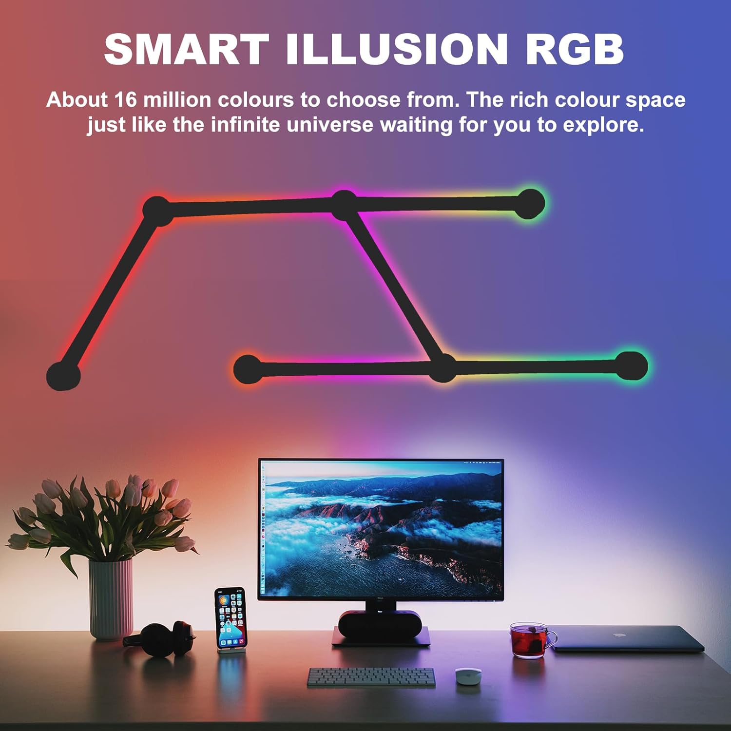 Smart Wall Light Lines, WiFi RGB LED Bars, 16M+ Color Dimmable Music Sync DIY Home Decor for Gaming Party Streaming Lovers, Compatible with Alexa & Google Assistant (6 Lines, Black)
