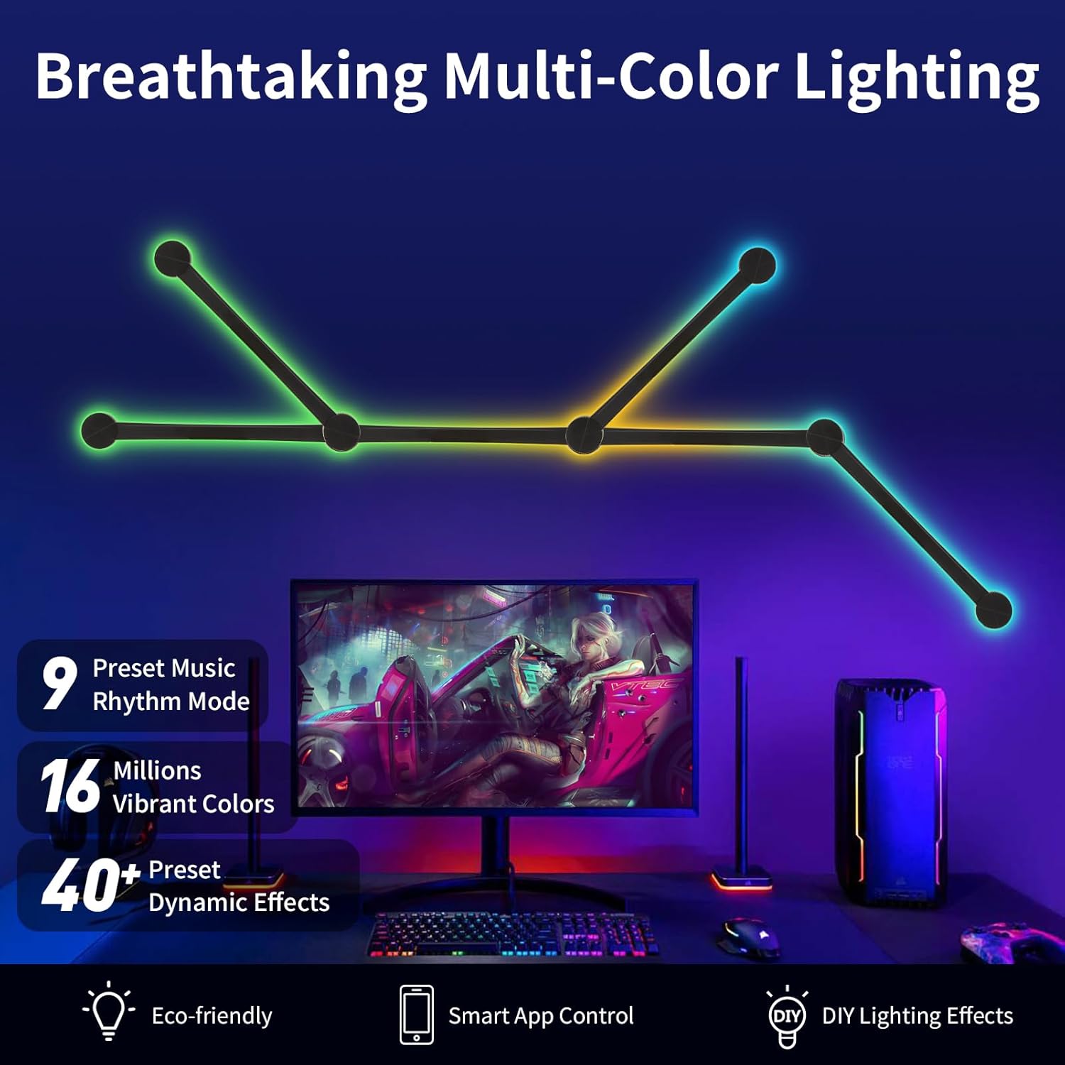 Smart Wall Light Lines, WiFi RGB LED Bars, 16M+ Color Dimmable Music Sync DIY Home Decor for Gaming Party Streaming Lovers, Compatible with Alexa & Google Assistant (6 Lines, Black)