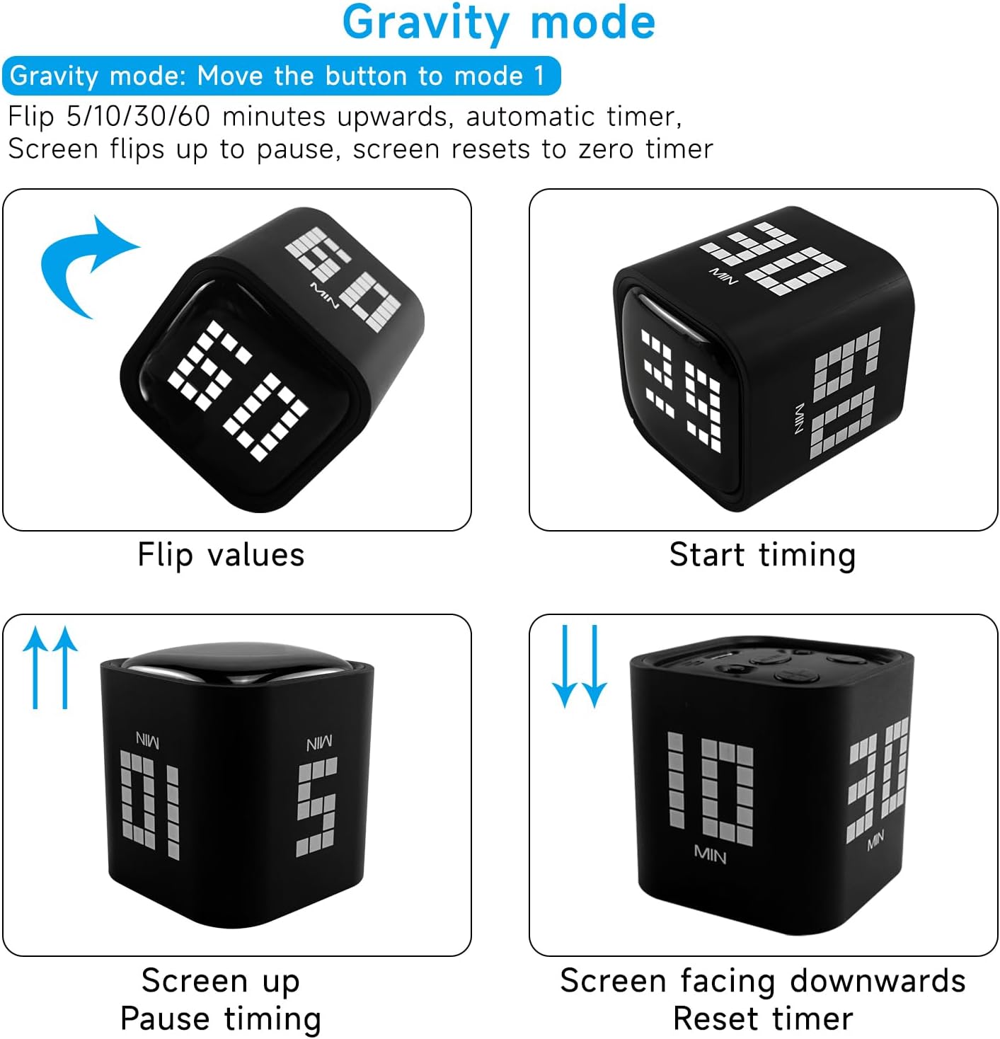 Qumox Digital Cube Timer, Rechargeable Flip Timer with Gravity Sensor & Manual Mode, 5/10/30/60 Minute Countdown, USB-C, LED Display, Vibration & Sound Alerts for Study, Work, Cooking, Fitness