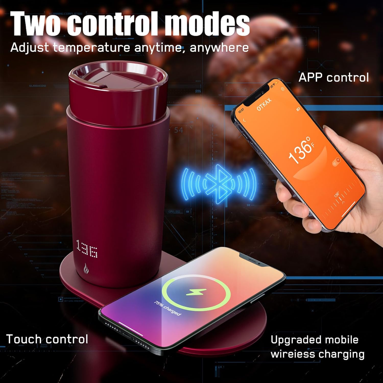 Control Heated Coffee Self Heating Travel 1.1234 Oz App Controlled Mug 0.21323-2.1345 Hour Display Keep Hot Fast Base HONGFENSE