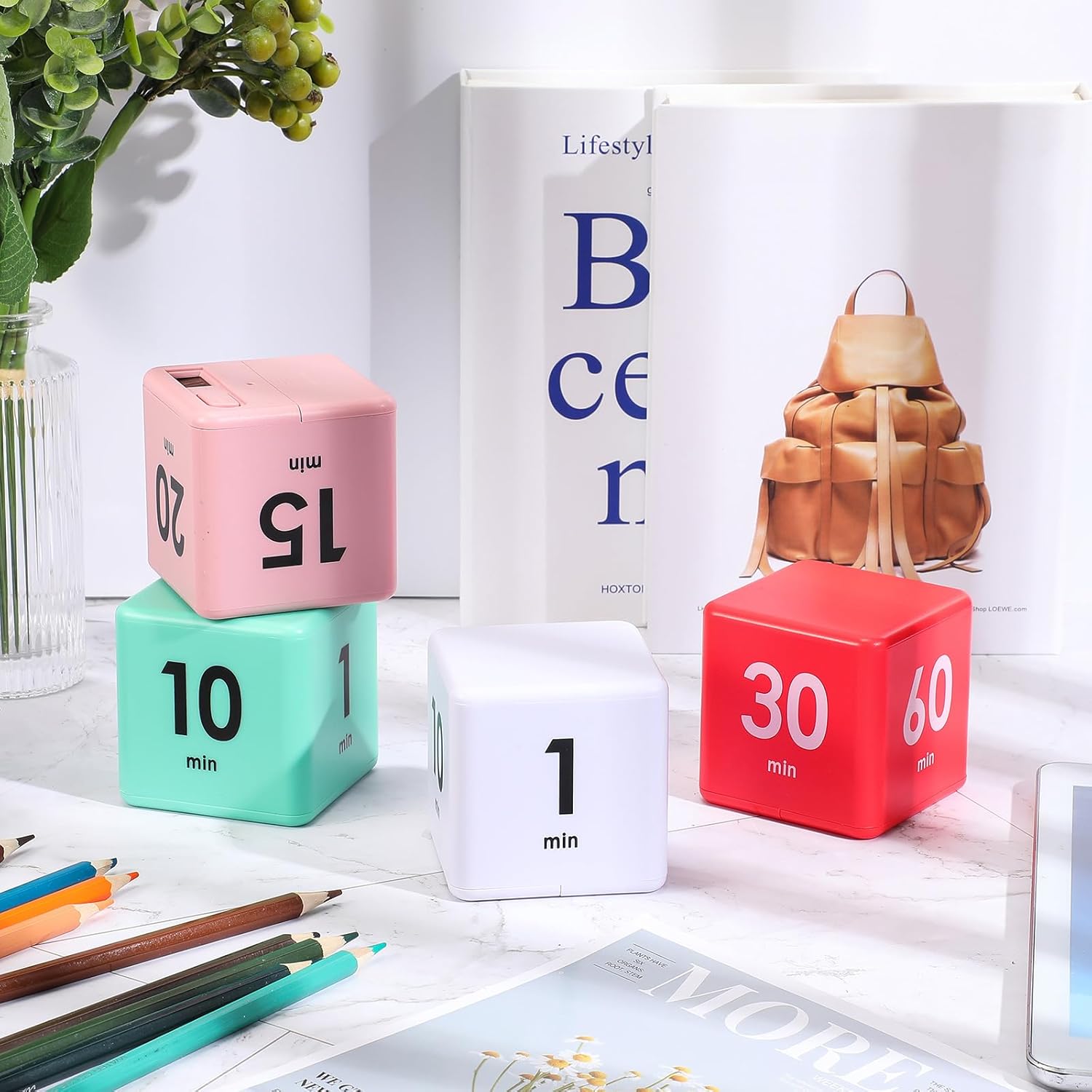 Weewooday 4 Pieces Cube Timer Gravity Sensor Flip Digital Workout Timer Cube for Management Duration Home Kitchen Study, 1 3 5 10 Minutes and 15 20 30 60 Minutes (White, Red, Pink, Green)