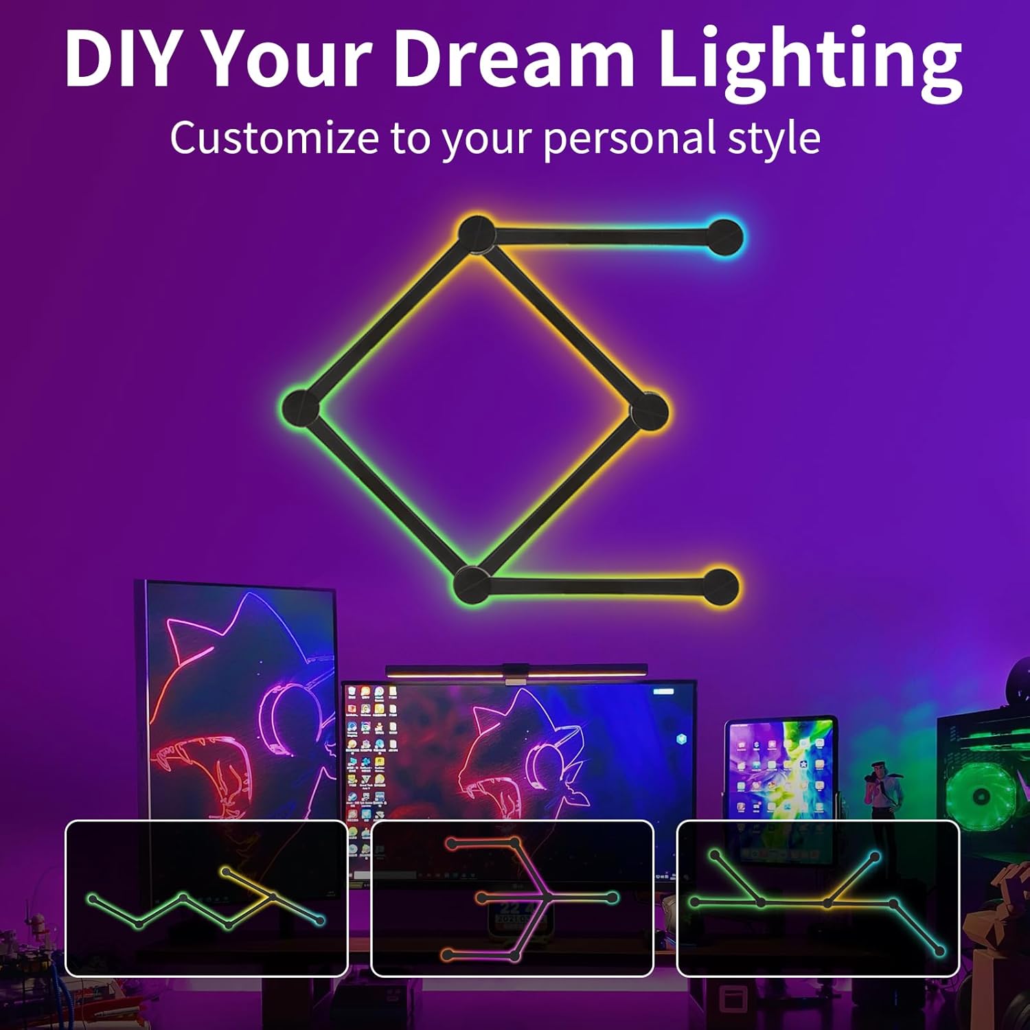 Smart Wall Light Lines, WiFi RGB LED Bars, 16M+ Color Dimmable Music Sync DIY Home Decor for Gaming Party Streaming Lovers, Compatible with Alexa & Google Assistant (6 Lines, Black)