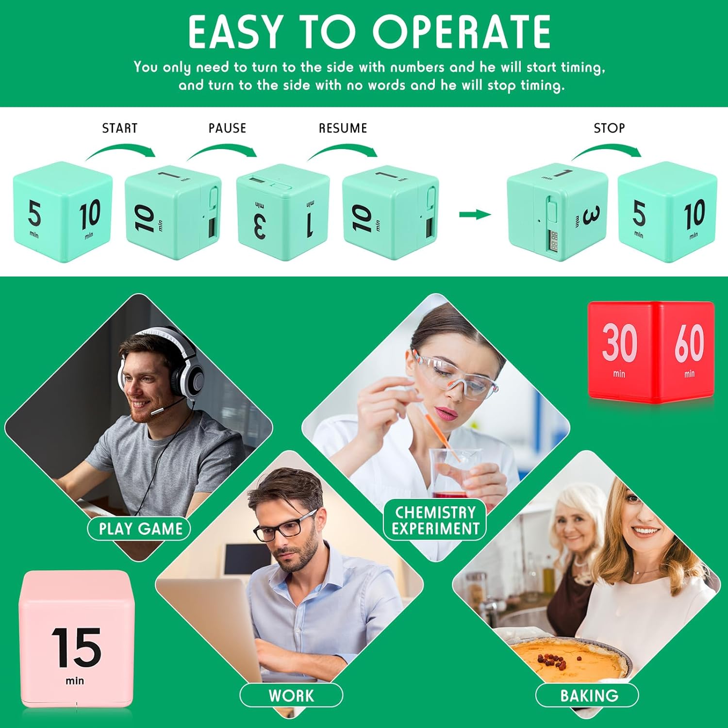 Weewooday 4 Pieces Cube Timer Gravity Sensor Flip Digital Workout Timer Cube for Management Duration Home Kitchen Study, 1 3 5 10 Minutes and 15 20 30 60 Minutes (White, Red, Pink, Green)