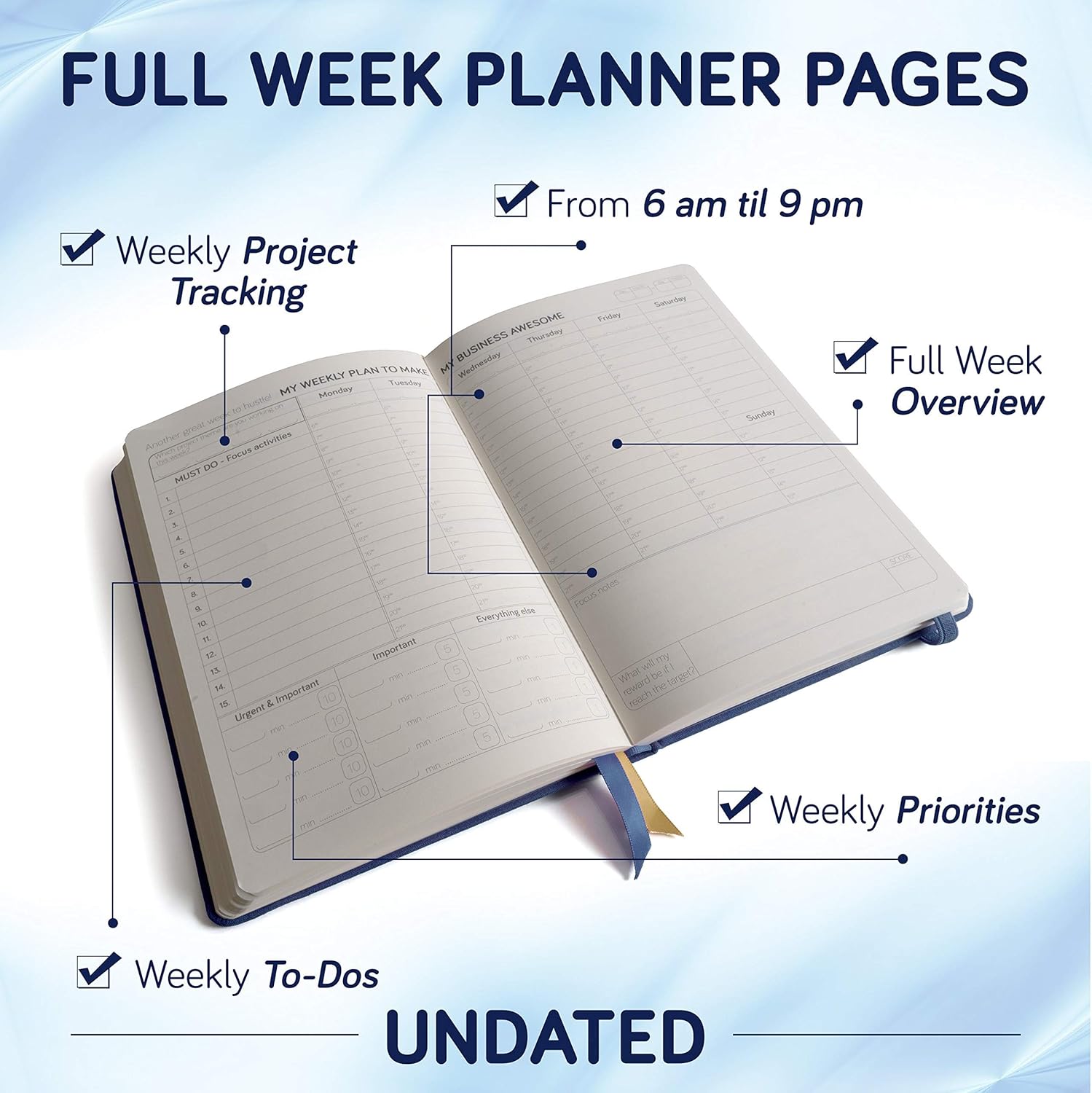 Business Planner Undated for Entrepreneurs! Focus Project Notebook for Productivity! Daily Weekly Self Organizer Planner / Win the Day! Beat Procrastination! Ifocus - A5 work planner