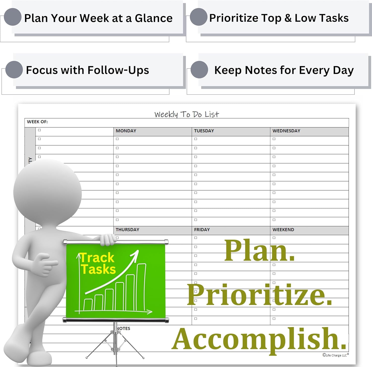 Life Charge Weekly To Do List Planner Notepad, 60 Page Task Planning Pad with Daily Checklist, Priority To-Do Checkboxes & Notes, Desk Notebook for Office Organization & Productivity, 8.5 x 11