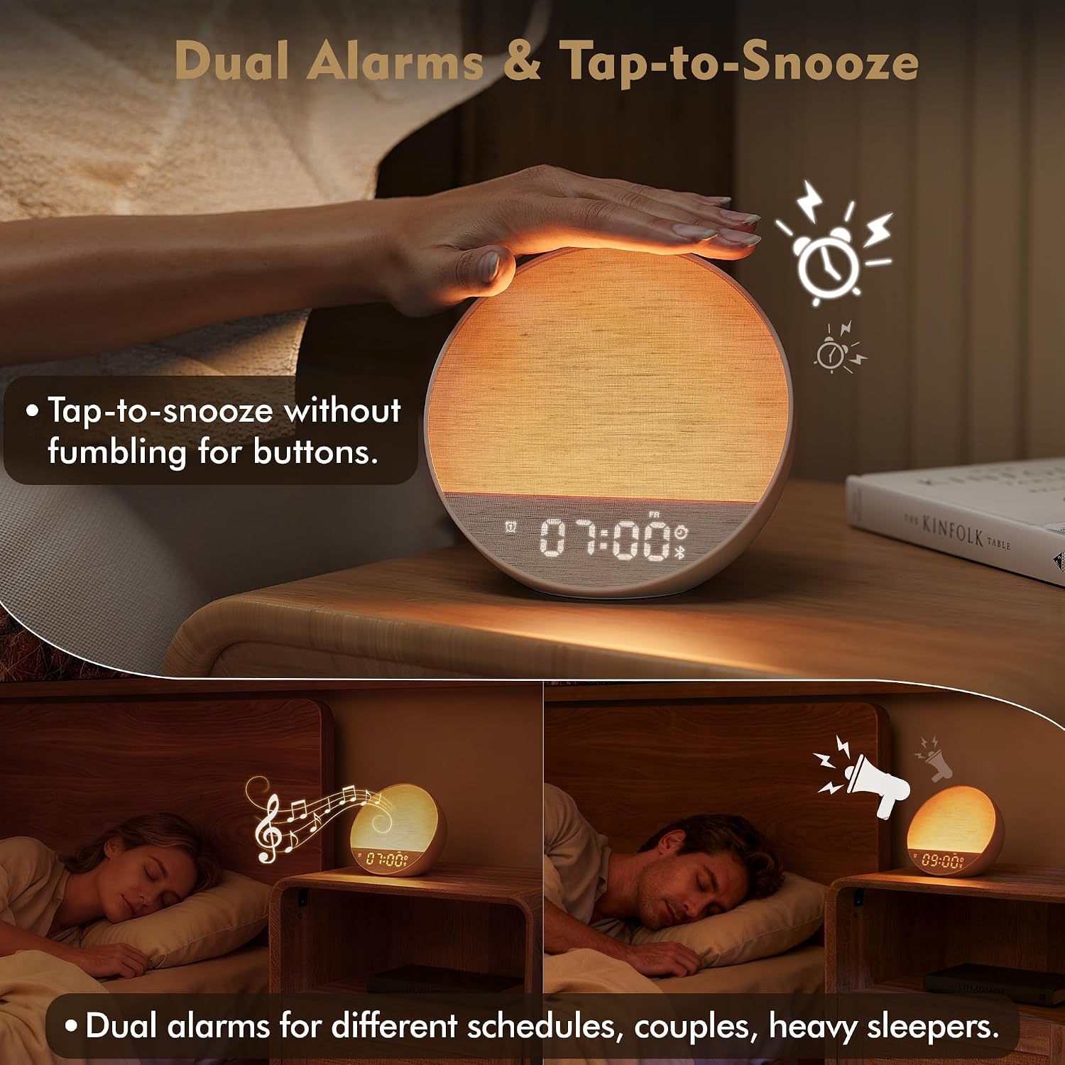 Tap-to-Snooze Sunrise Alarm Clock with Sound Machine, 36 Sounds White Noise Machine for Sleeping Adults, Gradual Sunrise Clock with Bluetooth Speaker & Remote Control, 15-Color Night Light丨Putty