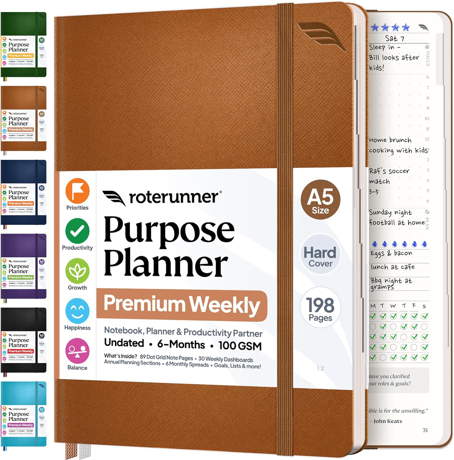 Roterunner Purpose Planner Notebook A5 5.8”x8.3” Undated 2026 Daily Weekly and Monthly Productivity Goal Setting Tool for Work Home ADHD Planner for Adults Self Care Journal (Tan Hardcover)