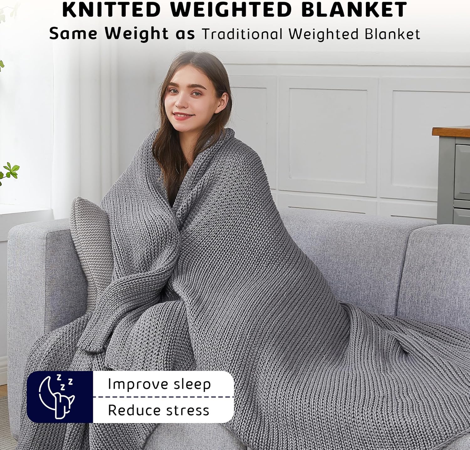 L'AGRATY Knitted Weighted Blanket - 60"x80" 15lbs Cooling Chunky Knit Heavy Blanket for Adults Braided Crochet Throw Thick Cable Yarn Knit Decorative Blanket No Beads Evenly Weighted Machine Washable