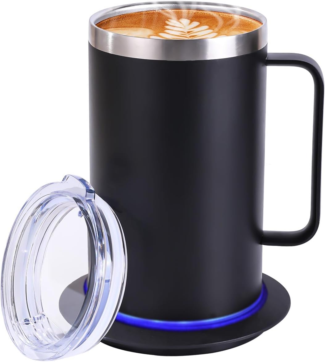 DEQIANG Self Heating Coffee Mug, Heated Coffee Mug with Smart Mug Warmer & Ergonomic Handle, Auto Heat to 131°F, USB-Powered Desk Warmer for Office Home Use, Ideal Coffee Lovers Gift (17oz Black)