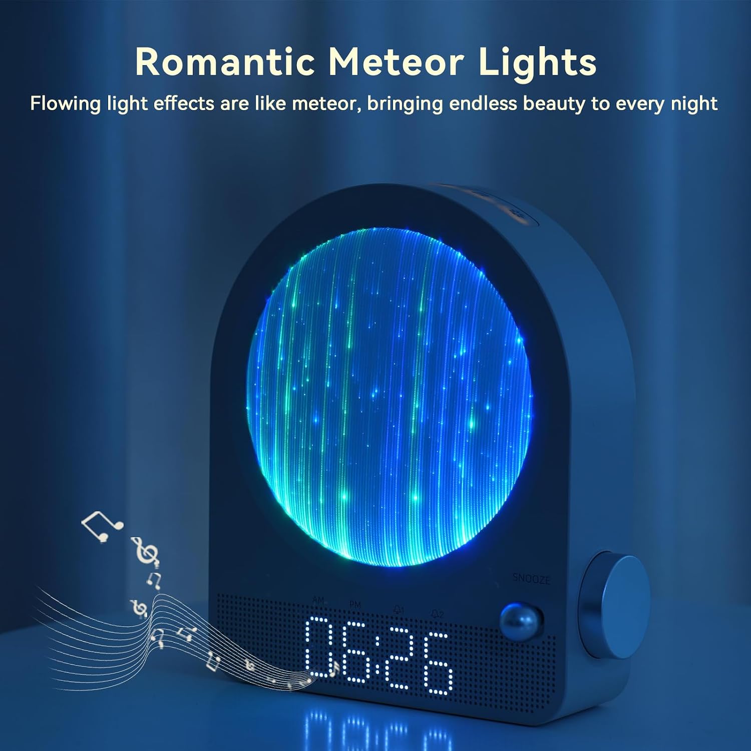 Vivilumens Gentle Sunrise Alarm Clock, Dual Alarm for Heavy Sleepers | Stepless dimmable night light & RGB meteors. 10 natural sounds with 30/60/90min timer. Sound machine & sunrise clock 2 in 1.