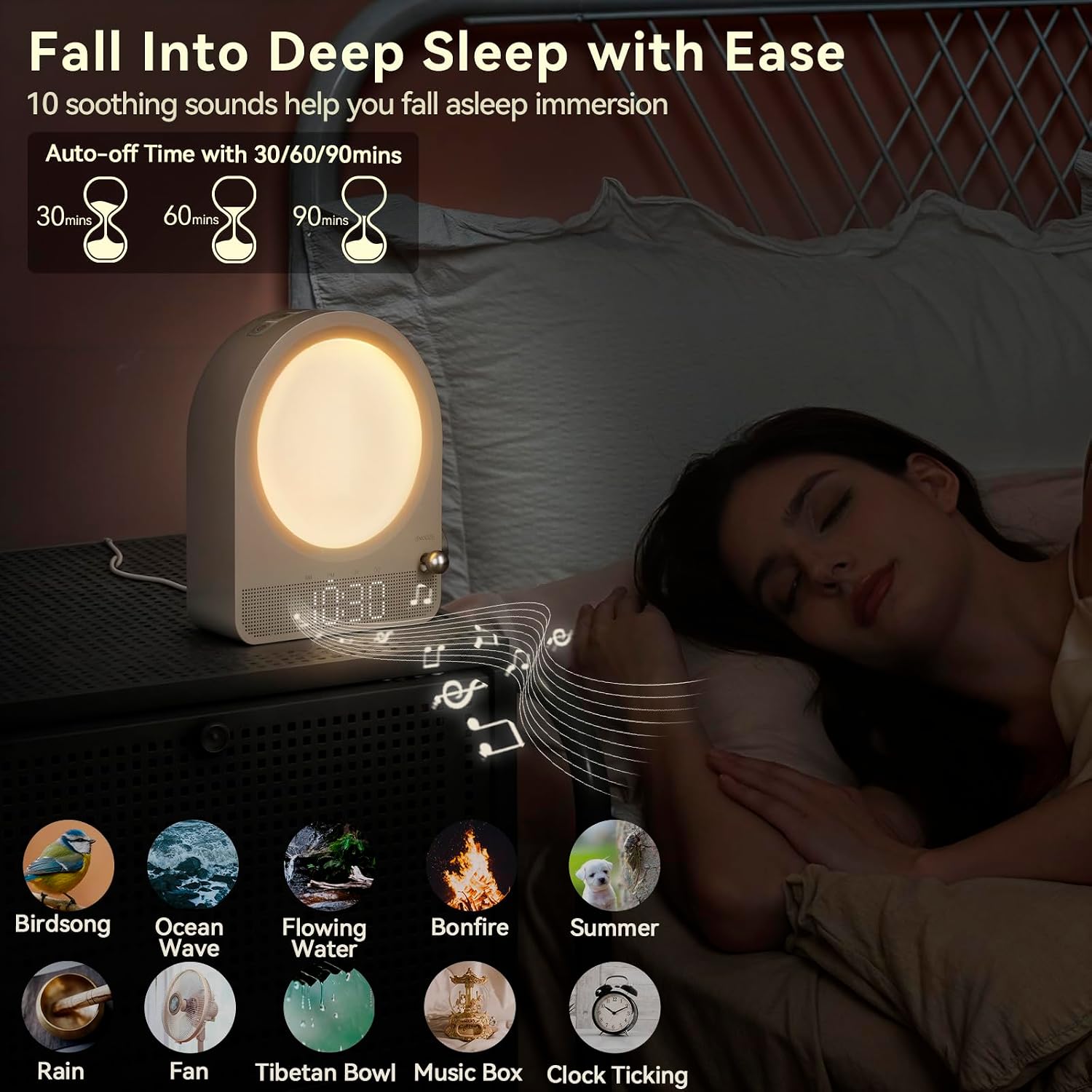 Vivilumens Gentle Sunrise Alarm Clock, Dual Alarm for Heavy Sleepers | Stepless dimmable night light & RGB meteors. 10 natural sounds with 30/60/90min timer. Sound machine & sunrise clock 2 in 1.