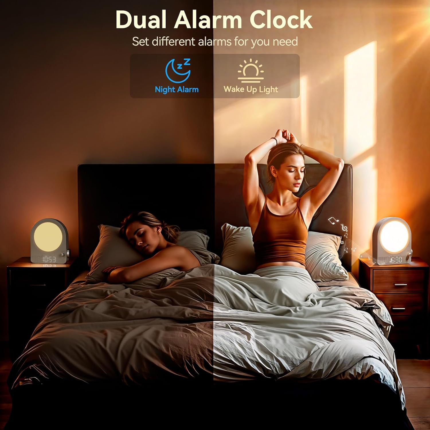 Vivilumens Gentle Sunrise Alarm Clock, Dual Alarm for Heavy Sleepers | Stepless dimmable night light & RGB meteors. 10 natural sounds with 30/60/90min timer. Sound machine & sunrise clock 2 in 1.
