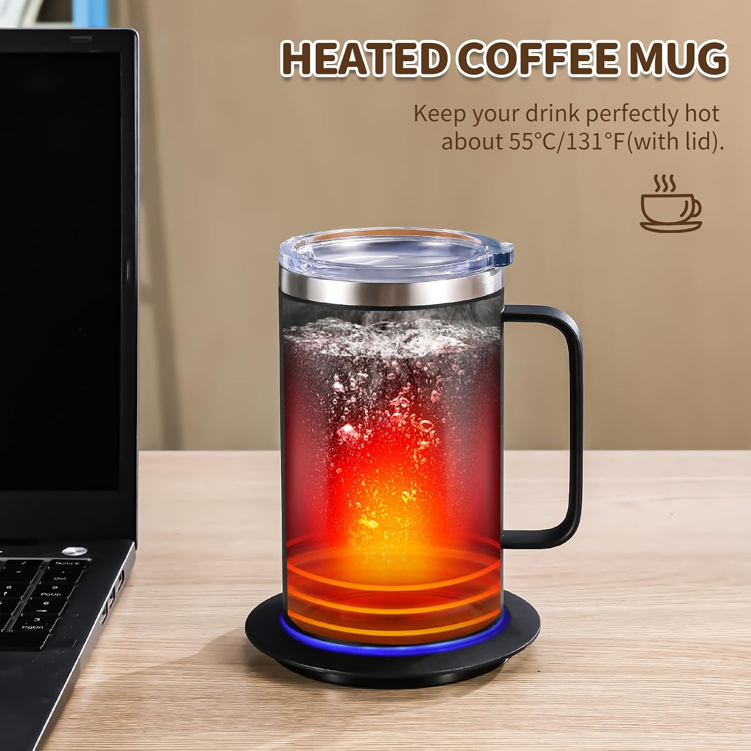 DEQIANG Self Heating Coffee Mug, Heated Coffee Mug with Smart Mug Warmer & Ergonomic Handle, Auto Heat to 131°F, USB-Powered Desk Warmer for Office Home Use, Ideal Coffee Lovers Gift (17oz Black)