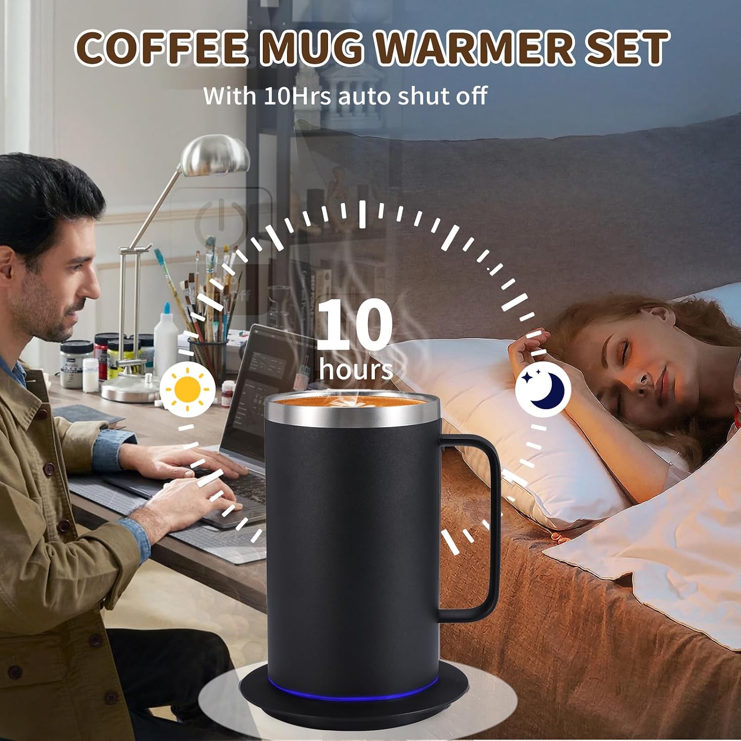 DEQIANG Self Heating Coffee Mug, Heated Coffee Mug with Smart Mug Warmer & Ergonomic Handle, Auto Heat to 131°F, USB-Powered Desk Warmer for Office Home Use, Ideal Coffee Lovers Gift (17oz Black)