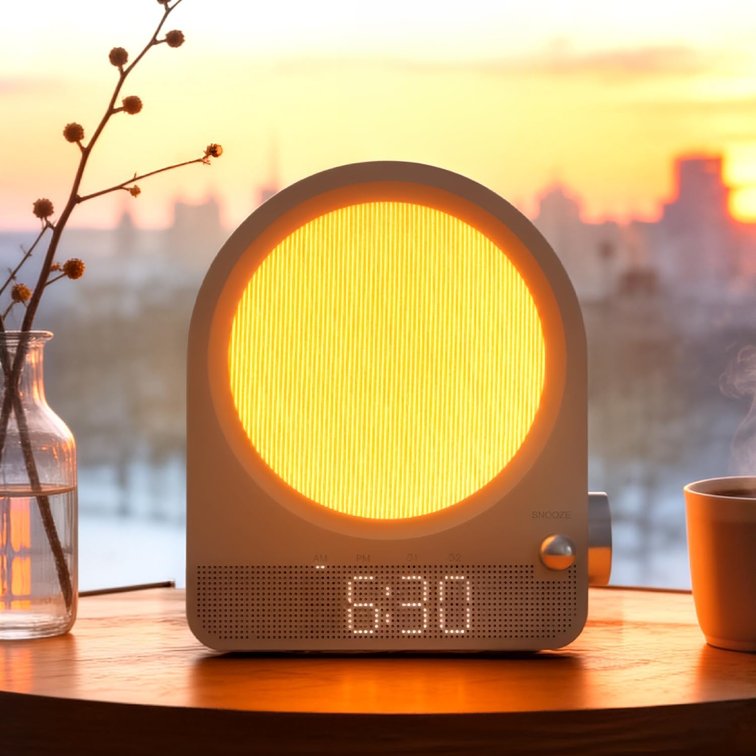 Vivilumens Gentle Sunrise Alarm Clock, Dual Alarm for Heavy Sleepers | Stepless dimmable night light & RGB meteors. 10 natural sounds with 30/60/90min timer. Sound machine & sunrise clock 2 in 1.