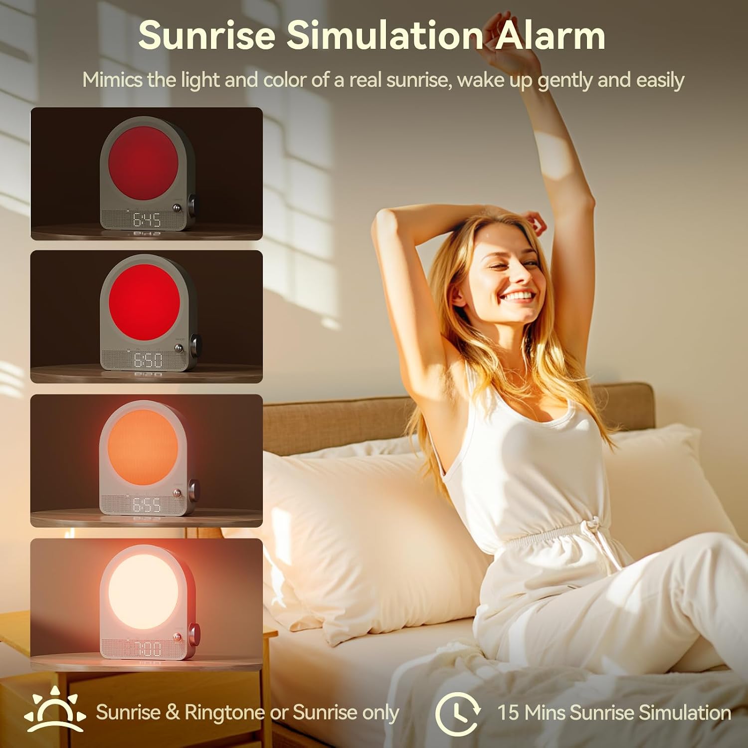 Vivilumens Gentle Sunrise Alarm Clock, Dual Alarm for Heavy Sleepers | Stepless dimmable night light & RGB meteors. 10 natural sounds with 30/60/90min timer. Sound machine & sunrise clock 2 in 1.