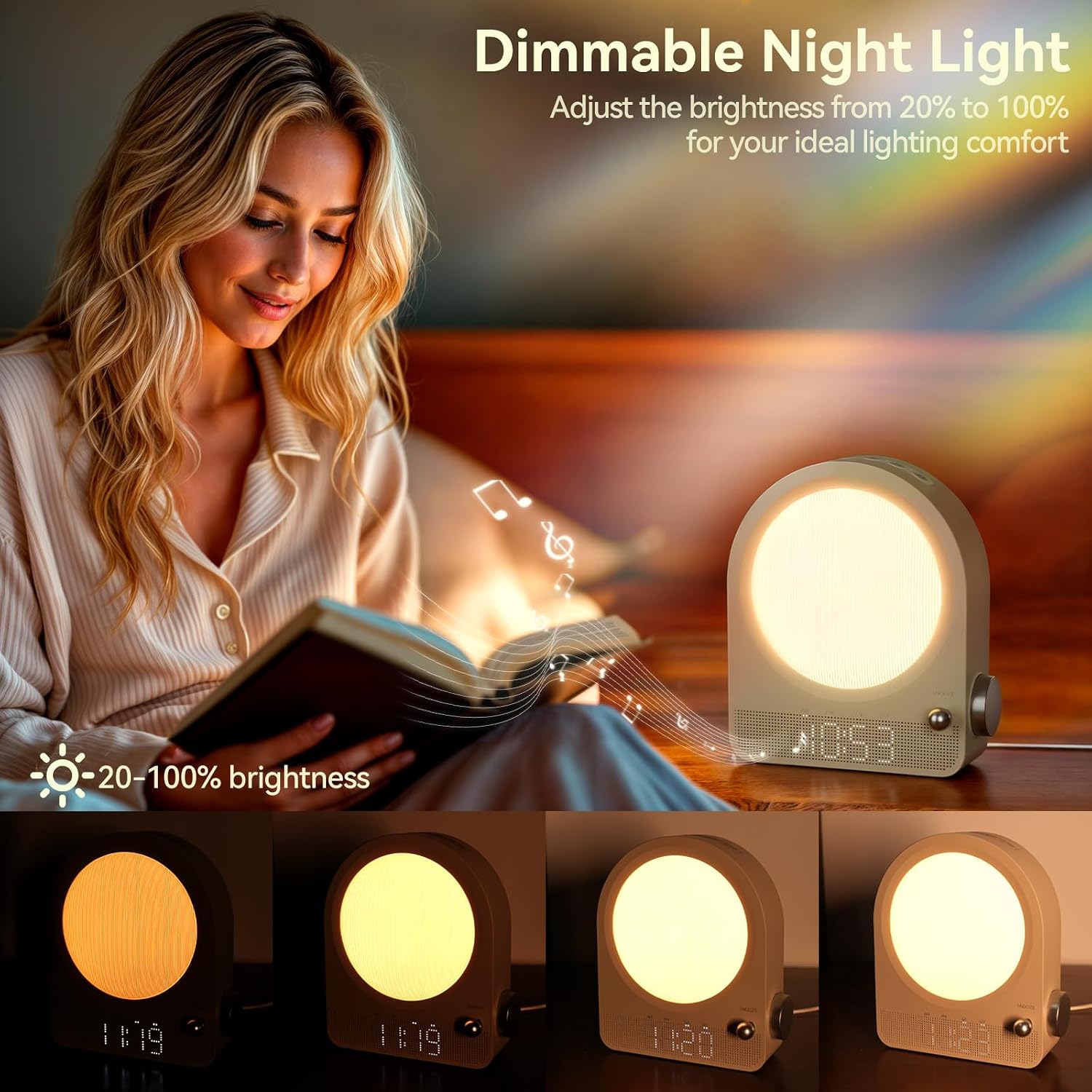 Vivilumens Gentle Sunrise Alarm Clock, Dual Alarm for Heavy Sleepers | Stepless dimmable night light & RGB meteors. 10 natural sounds with 30/60/90min timer. Sound machine & sunrise clock 2 in 1.
