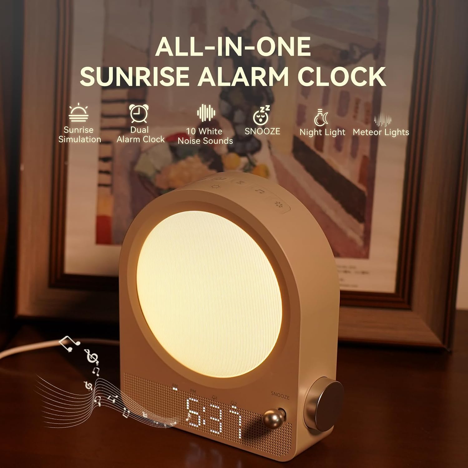 Vivilumens Gentle Sunrise Alarm Clock, Dual Alarm for Heavy Sleepers | Stepless dimmable night light & RGB meteors. 10 natural sounds with 30/60/90min timer. Sound machine & sunrise clock 2 in 1.