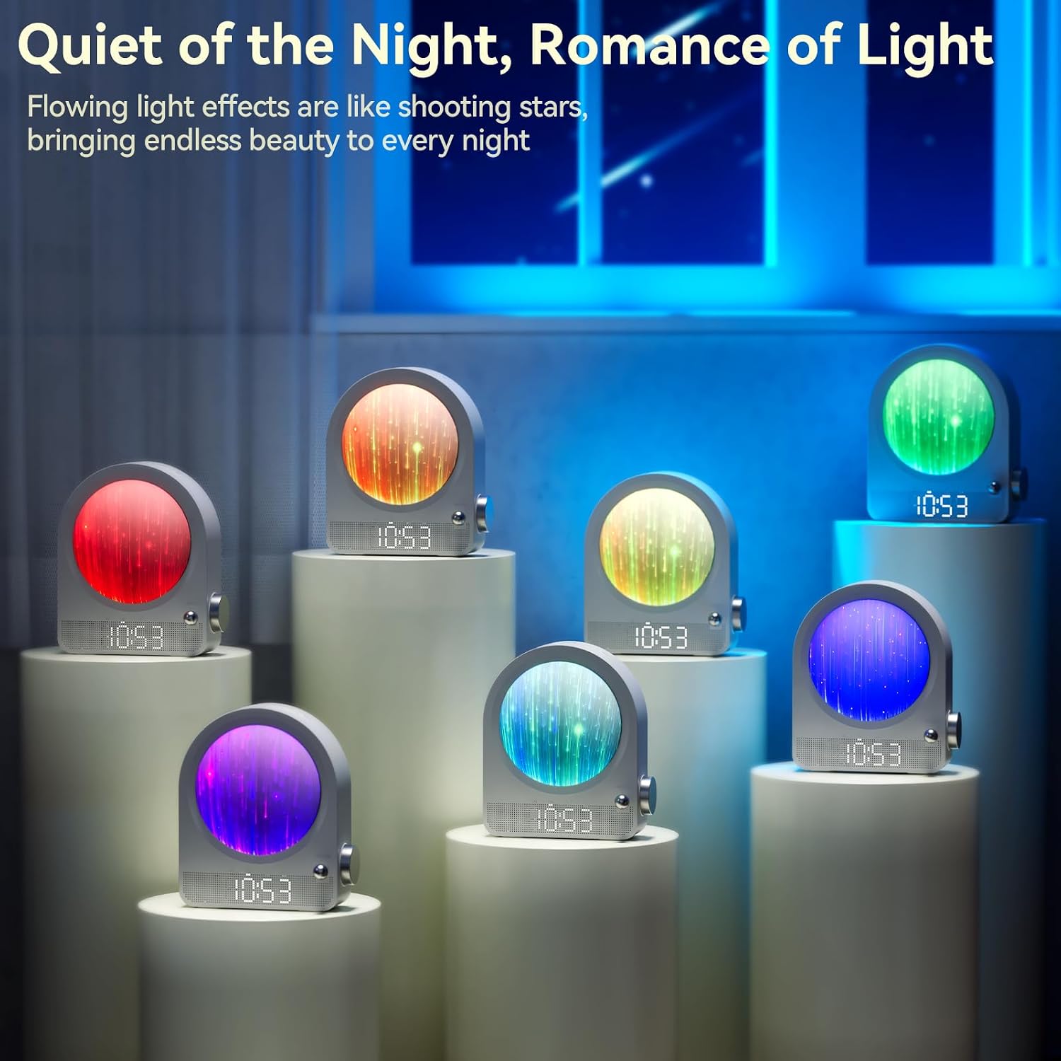 Vivilumens Gentle Sunrise Alarm Clock, Dual Alarm for Heavy Sleepers | Stepless dimmable night light & RGB meteors. 10 natural sounds with 30/60/90min timer. Sound machine & sunrise clock 2 in 1.