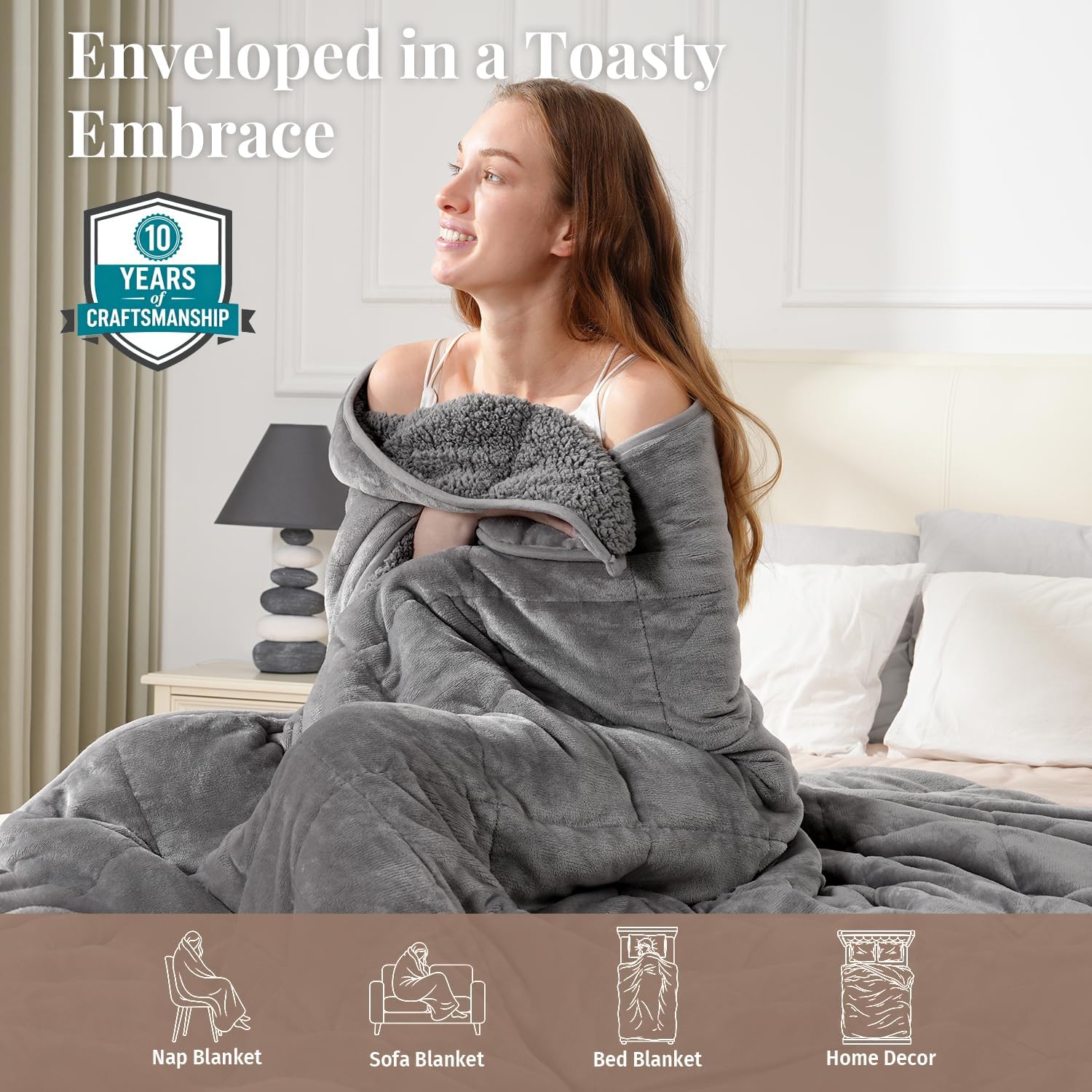 Topblan Sherpa Fleece Weighted Blanket for Adults, 15 lbs Dual Sided Cozy Fluffy Heavy Blanket, Ultra Fuzzy Throw Blanket with Soft Plush Flannel Top, 48 x 72 inches