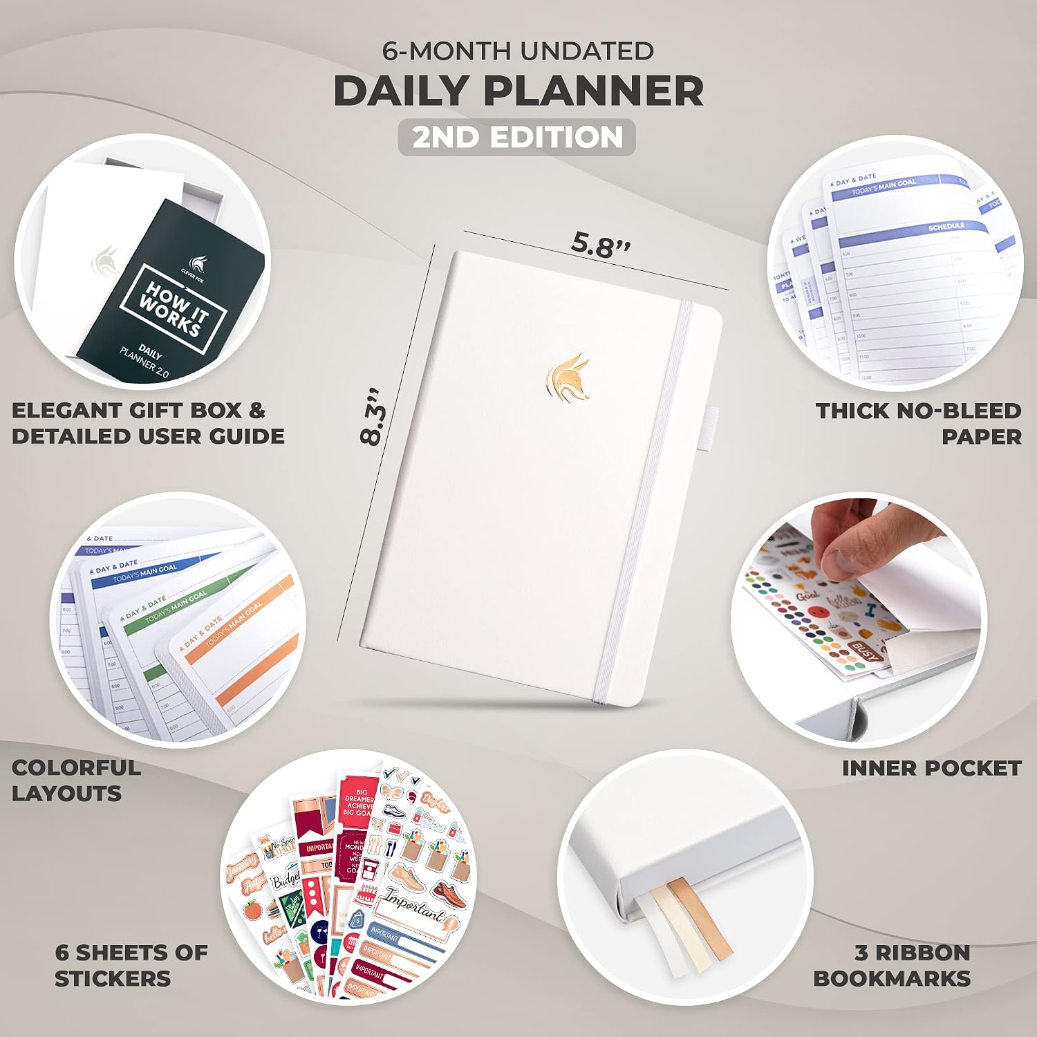Clever Fox Daily Planner 2nd Edition – Undated Time Block Task Organizer with Hourly Schedule & to-do List – A5, 6 Months (White)
