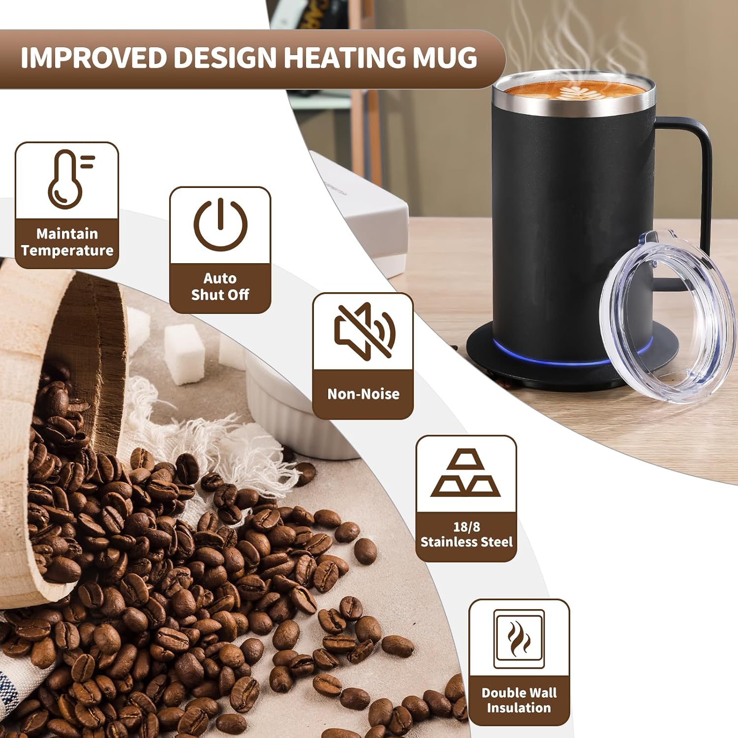 DEQIANG Self Heating Coffee Mug, Heated Coffee Mug with Smart Mug Warmer & Ergonomic Handle, Auto Heat to 131°F, USB-Powered Desk Warmer for Office Home Use, Ideal Coffee Lovers Gift (17oz Black)