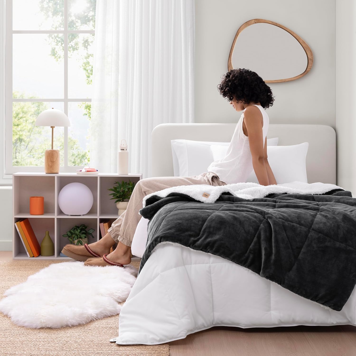 UGG Nita Throw Blanket for Bed, Soft Reversible Plush Throw for Couch and Living Room, Cozy Fluffy Blanket, Washable Bedding, Home Decor, 50-inch x 70-inch, Charcoal Grey